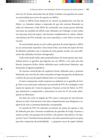 A célula por dentro: uma abordagem dinâmica do processo da síntese proteica | 189
trava de 45º foram amarrados fios de Nylon®
0.40mm com ganchos de arame
na extremidade para servir de suporte aos tRNAs.
Como os tRNAs ficam dispersos no citosol, ao pendurá-los com fios de
Nylon®
, os visitantes tinham a impressão de que eles estavam flutuando ao
redor do ribossomo. Cada tRNA foi construído com arame grosso dobrado
com base nos modelos de tRNAs mais utilizados em Citologia. O anti-códon
era uma peça única de isopor, com formato complementar ao códon, coberto
com lâminas de EVA colorido, nas cores específicas, e com Velcro®
na face do
encaixe.
Na extremidade oposta ao anti-códon, ganchos de arame ligavam o tRNA
ao seu aminoácido específico. Estes foram feitos com bolas de isopor de 8cm
de diâmetro, pintadas com 2 camadas de tinta guache escolar, em cores dife-
rentes das utilizadas nas bases nitrogenadas.
Cada aminoácido tinha anéis perpendiculares de arame grosso que man-
tinham presos os ganchos que ligavam-nos aos tRNAs e em cada uma das
laterais, pequenos fechos, destes utilizados para confeccionar bijuterias, que
formariam as ligações peptídicas.
Os mesmos aminoácidos da seqüência foram utilizados para a proteína
finalizada, mas com fios de cobre retorcidos no lugar dos ganchos de bijuterias
e dentro de um saco de papel celofane furta-cor transparente.
O outro componente celular suspenso no ambiente era o aparelho de Gol-
gi. Para a sua construção, utilizamos um cotovelo de PVC de 1 polegada e uma
manta de espuma de 1.5cm de espessura. Fixamos os fios de Nylon®
no PVC
que sustentaria o componente e amarramos na trava de 45º do canto subse-
qüente ao ribossomo.
Foi feito um corte no ângulo do PVC para a colocação de uma barreira
interna no tubo. Esta barreira criou dois compartimentos que abrigaram a se-
qüencia de AAs e a proteína finalizada e encapsulada.
O cotovelo de PVC foi colocado no interior da manta de espuma e esta
foi dobrada para dar o formato saculiforme do aparelho de Golgi. Fixamos a
manta ao tubo com grampos de escritório, cola quente e fita adesiva. Os espa-
ços dos “sacos” formados foram pintados com tinta automotiva preta em spray
para dar a impressão de profundidade e pequenos sacos de papel celofane
experimentando ciencia - prova9.indd 189experimentando ciencia - prova9.indd 189 19/07/2011 12:42:0319/07/2011 12:42:03
 