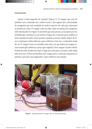 Aspectos teóricos e práticos da ﬁsiologia da circulação | 221
Funcionamento
Aperte o lado esquerdo do ‘coração’ (Figura 7). O ‘sangue’ que vem do
‘pulmão’ será conduzido até a ‘artéria aorta’ e daí seguirá até a extremidade
da mangueira que está acoplada ao orifício superior da cuba que representa
os tecidos do corpo. O ‘sangue’ cairá na cuba, onde um pedaço de mangueira
nele introduzido (ver figura 7) permitirá que uma pessoa, ao assoprar por ele,
borbulhe gás carbônico no seu interior (Figura 8); o bastante para acidificar o
meio (redução do pH), como acontece quando as nossas células, depois de fa-
zer a respiração celular, liberam o gás carbônico. Com isso, o indicador muda
de cor. O ‘sangue’ torna-se vermelho mais claro, cor que indica um sangue ve-
noso (muito gás carbônico e pouco gás oxigênio). Esse ‘sangue’ sai pelo orifício
da base da cuba ‘tecidos do corpo’ e segue por veias para o coração, onde chega
pela veia cava. É hora de bombear esse ‘sangue para a cuba que representa os
pulmões, para que seja oxigenado e o gás carbônico seja expulso.
Figura 7 Bombeamento do ‘sangue’ para os ‘tecidos do corpo’.
experimentando ciencia - prova9.indd 221experimentando ciencia - prova9.indd 221 19/07/2011 12:42:1219/07/2011 12:42:12
 