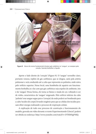 EXPERIMENTANDO CIÊNCIA222 |
Figura 8 Aluno do ensino fundamental introduz gás carbônico no ‘sangue’, ao assoprar pelo
canudo, fazendo borbulhar o líquido.
Aperte o lado direito do ‘coração’ (Figura 9). O ‘sangue’ vermelho claro,
portanto venoso, repleto de gás carbônico, que aí chegou, sairá pela artéria
pulmonar e será conduzido até a cuba que representa os pulmões, onde entra
pelo orifício superior. Nesse local, uma bombinha de aquário em funciona-
mento borbulha ar e faz com que gás carbônico seja expulso do ambiente, isto
é do ‘sangue’. Dessa forma, ele torna-se básico e muda de cor, voltando à cor
de vinho, característica do ‘sangue’ oxigenado. Pelo orifício inferior da cuba
‘pulmão’ esse sangue segue para o ‘coração’, de onde poderá ser bombeado para
a cuba ‘tecidos do corpo’, levando oxigênio para que as células dos tecidos pos-
sam obter energia realizando o processo de respiração celular.
A explicação de todo esse processo de construção e funcionamento do
modelo, gravada em vídeo durante o evento Experimentando Ciência”, poderá
ser obtida no endereço: http://www.youtube.com/watch?v=DTblMSgF9dQ.
experimentando ciencia - prova9.indd 222experimentando ciencia - prova9.indd 222 19/07/2011 12:42:1319/07/2011 12:42:13
 
