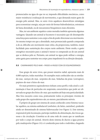 Mecanismos de locomoção em equinodermos, moluscos e peixes | 229
pronunciados na água do que no ar, impondo dificuldades mecânicas, como
maior resistência à realização de movimentos, o que demanda maior gasto de
energia pelo animal. Mas, os seres vivos aquáticos desenvolvem estratégias
para economizar energia, seja por meio de formas hidrodinâmicas, estruturas
de baixa densidade, ou de mecanismos bioquímicos mais eficientes.
Mas, ter um ambiente aquático como moradia também apresenta algumas
vantagens. Quando um animal se locomove é necessário que ele desempenhe
uma força para sustentar o seu corpo a fim de poder direcionar seu movimento.
Ao mesmo tempo em que a densidade, mais pronunciada quando comparada
à do ar, dificulta um movimento mais veloz, ela proporciona, também, maior
facilidade para sustentação dos corpos neste ambiente. Deste modo, o gasto
energético necessário para o animal é menor se comparado ao de um animal
que se desloca pelo ar. Portanto, um animal na água pode utilizar a energia,
antes gasta para sustentar seu corpo, para impulsioná-lo na direção desejada.
9.5 CAMINHANDO PELO MAR – PASSO-A-PASSO COM OS EQUINODERMOS
Esse grupo de seres vivos, que possui simetria radial, apresenta mais de
6.000 espécies, todas marinhas. Os exemplos mais conhecidos são as estrelas-
do-mar, ouriços-do-mar, serpentes-do-mar, bolachas-da-praia (corrupios),
pepinos-do-mar e lírios-do-mar.
Os mais primitivos equinodermos tinham como perfil a vida séssil e a ali-
mentação à base de partículas em suspensão, característica que pode ser ob-
servada no grupo dos lírios-do-mar, que mantém até hoje esta particularidade.
Mas fora exceções como essa, praticamente todos os principais viventes de
cada grupo dos equinodermos são, ao menos, parcialmente móveis.
É próprio do grupo um sistema de canais conhecido como Sistema vascu-
lar aquífero, ou sistema ambulacral (ambulare, do latim, caminhar), podendo
ainda ser denominado de sistema hidrovascular (ver Figura 1). Este sistema,
responsável pela locomoção, participa também da alimentação, das trocas ga-
sosas e da circulação. Constitui-se de uma rede de canais que se ramificam
por todo o corpo do animal. Através deste sistema de ductos a água penetra
pelo madreporito (Figura 1A) e é conduzida para todo o indivíduo, chegando
experimentando ciencia - prova9.indd 229experimentando ciencia - prova9.indd 229 19/07/2011 12:42:1519/07/2011 12:42:15
 