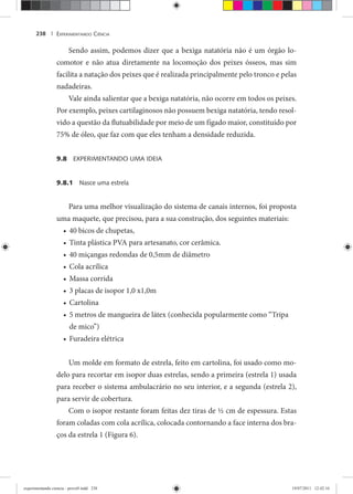 EXPERIMENTANDO CIÊNCIA238 |
Sendo assim, podemos dizer que a bexiga natatória não é um órgão lo-
comotor e não atua diretamente na locomoção dos peixes ósseos, mas sim
facilita a natação dos peixes que é realizada principalmente pelo tronco e pelas
nadadeiras.
Vale ainda salientar que a bexiga natatória, não ocorre em todos os peixes.
Por exemplo, peixes cartilaginosos não possuem bexiga natatória, tendo resol-
vido a questão da flutuabilidade por meio de um fígado maior, constituído por
75% de óleo, que faz com que eles tenham a densidade reduzida.
9.8 EXPERIMENTANDO UMA IDEIA
9.8.1 Nasce uma estrela
Para uma melhor visualização do sistema de canais internos, foi proposta
uma maquete, que precisou, para a sua construção, dos seguintes materiais:
40 bicos de chupetas,•
Tinta plástica PVA para artesanato, cor cerâmica.•
40 miçangas redondas de 0,5mm de diâmetro•
Cola acrílica•
Massa corrida•
3 placas de isopor 1,0 x1,0m•
Cartolina•
5 metros de mangueira de látex (conhecida popularmente como “Tripa•
de mico”)
Furadeira elétrica•
Um molde em formato de estrela, feito em cartolina, foi usado como mo-
delo para recortar em isopor duas estrelas, sendo a primeira (estrela 1) usada
para receber o sistema ambulacrário no seu interior, e a segunda (estrela 2),
para servir de cobertura.
Com o isopor restante foram feitas dez tiras de ½ cm de espessura. Estas
foram coladas com cola acrílica, colocada contornando a face interna dos bra-
ços da estrela 1 (Figura 6).
experimentando ciencia - prova9.indd 238experimentando ciencia - prova9.indd 238 19/07/2011 12:42:1619/07/2011 12:42:16
 