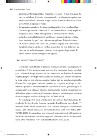 EXPERIMENTANDO CIÊNCIA256 |
generalistas (formigas médias pequenas): possuem 1,4 mm de largura da•
cabeça; trabalham dentro do ninho cortando e lambendo os vegetais, que
são incorporados à cultura de fungo, cuidam da rainha, descartam o lixo
e constroem a esponja de fungo.
forrageiras e escavadoras (formigas médias grandes): têm cápsula cefálica•
(estrutura que envolve a cabeça) de 2,2 mm; são escoteiras, ou seja, exploram
a vegetação nova, cortam e transportam as folhas e escavam o ninho.
soldados: na realidade também são fêmeas e possuem cápsula cefálica•
igual ou maior do que 3 mm e são encarregados da defesa da colônia.
Os machos (bitus), com cabeça de 2,9 mm de largura, têm como única•
função fertilizar a rainha. As rainhas apresentam 5,2 mm de largura da
cabeça e são as fundadoras da colônia e encarregadas da produção de
vários tipos de ovos e propagação da espécie.
10.6 ARQUITETURA DOS NINHOS
O sauveiro é constituído de câmaras escavadas no solo e interligadas por
canais (túneis). Um formigueiro de saúva contém câmaras de fungo, que abri-
gam culturas de fungo; câmaras de lixo, destinadas ao depósito de resíduos
vegetais, fungos e formigas mortas; câmaras de terra, que contêm basicamen-
te terra solta em seu interior; câmaras vazias, que são aquelas desprovidas
de conteúdo e que posteriormente poderão ser ocupadas por fungo ou lixo;
olheiros, que são as aberturas externas dos ninhos e canais, que interligam as
câmaras entre si e estas aos olheiros. Externamente, existem os carreiros (ou
trilhas) que são os caminhos pelos quais as formigas transitam para obtenção
de substrato para o cultivo de fungo (MARICONI, 1970).
As câmaras podem estar situadas além de 6 metros de profundidade de-
pendendo do tipo de solo. Em uma escavação de colônia de saúva-limão (77
meses de idade) foram encontradas 1.920 câmaras, nas quais 248 continham
fungo, 1.219 estavam vazias, 157 apresentavam terra e 296 eram de lixo (AU-
TUORI, 1947). A escavação de uma colônia de saúva cabeça-de-vidro apresen-
tou 5.890 câmaras com cultivo de fungo, 889 câmaras vazias e 426 câmaras de
lixo e terra, totalizando 7.164 câmaras (MOREIRA et al., 2004).
experimentando ciencia - prova9.indd 256experimentando ciencia - prova9.indd 256 19/07/2011 12:42:2319/07/2011 12:42:23
 