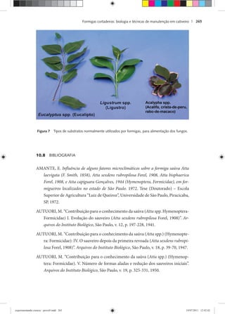 Formigas cortadeiras: biologia e técnicas de manutenção em cativeiro | 265
Figura 7 Tipos de substratos normalmente utilizados por formigas, para alimentação dos fungos.
10.8 BIBLIOGRAFIA
AMANTE, E. Influência de alguns fatores microclimáticos sobre a formiga saúva Atta
laevigata (F. Smith, 1858), Atta sexdens rubropilosa Forel, 1908, Atta bisphaerica
Forel, 1908, e Atta capiguara Gonçalves, 1944 (Hymenoptera, Formicidae), em for-
migueiros localizados no estado de São Paulo. 1972. Tese (Doutorado) – Escola
Superior de Agricultura “Luiz de Queiroz”, Universidade de São Paulo, Piracicaba,
SP, 1972.
AUTUORI, M. “Contribuição para o conhecimento da saúva (Atta spp. Hymenoptera-
Formicidae) I. Evolução do sauveiro (Atta sexdens rubropilosa Forel, 1908)”. Ar-
quivos do Instituto Biológico, São Paulo, v. 12, p. 197-228, 1941.
AUTUORI, M. “Contribuição para o conhecimento da saúva (Atta spp.) (Hymenopte-
ra: Formicidae): IV. O sauveiro depois da primeira revoada (Atta sexdens rubropi-
losa Forel, 1908)”. Arquivos do Instituto Biológico, São Paulo, v. 18, p. 39-70, 1947.
AUTUORI, M. “Contribuição para o conhecimento da saúva (Atta spp.) (Hymenop-
tera: Formicidae). V. Número de formas aladas e redução dos sauveiros iniciais”.
Arquivos do Instituto Biológico, São Paulo, v. 19, p. 325-331, 1950.
experimentando ciencia - prova9.indd 265experimentando ciencia - prova9.indd 265 19/07/2011 12:42:4219/07/2011 12:42:42
 