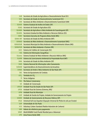 12 experiências de pagamentos por serviços ambientais no brasil
SAR Secretaria de Estado da Agricultura e Desenvolvimento Rural (SC)
SDS Secretaria de Estado do Desenvolvimento Sustentável (SC)
SDS Secretaria de Meio Ambiente e Desenvolvimento Sustentável (AM)
SEADE Sistema Estadual de Análise de Dados (SP)
SEAG Secretaria de Estado de Agricultura (ES)
SEAMA Secretaria de Agricultura e Meio Ambiente de Guaratinguetá (SP)
SEAMA Secretaria Estadual de Meio Ambiente e Recursos Hídricos (ES)
SEBV Secretaria Executiva do Programa Bolsa Verde (MG)
SEMA-MT Secretaria de Estado do Meio Ambiente (MT)
SEMAD Secretaria de Meio Ambiente e Desenvolvimento Sustentável (MG)
SEMADUR Secretaria Municipal de Meio Ambiente e Desenvolvimento Urbano (MS)
SEMATUR Secretaria de Meio Ambiente e Turismo (PR)
SICC Sistema de Créditos de Conservação (SC)
SIG Sistema de Informações Geográficas
Sisema Sistema Estadual de Meio Ambiente e Recursos Hídricos (MG)
SLAPR Sistema de Licenciamento Ambiental da Propriedade Rural (MT)
SMA Secretaria de Estado do Meio Ambiente (SP)
SNIS Sistema Nacional de Informações sobre Saneamento
SUDAM Superintendência do Desenvolvimento da Amazônia
SVMA Secretaria do Verde e Meio Ambiente de São Paulo (SP)
TAC Termo de Ajustamento de Conduta
tCO2
Tonelada do CO2
TI Terras Indígenas
TNC The Nature Conservancy
UC Unidade de Conservação
UFESP Unidade Fiscal do Estado de São Paulo (SP)
UFEX Unidade Fiscal de Extrema (Extrema, MG)
UFM Unidade Fiscal do Município
UGP Unidade de Gestão do Projeto, Unidade de Gerenciamento do Projeto
UGRHI Unidade de Gerenciamento de Recursos Hídricos (SP)
USLE Universal Soil Loss Equation (Equação Universal de Perda de solo por Erosão)
USP Universidade de São Paulo
VCS Voluntary Carbon Standard (Padrão Voluntário de Carbono)
VRP Valores de referência para pagamento
WWF World Wildlife Fund (Fundo Mundial para a Natureza)
ZFV Zona Franca Verde (AM)
 