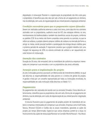 189
degradação. A restauração florestal e a regularização da propriedade não têm custo para
o proprietário. O benefício para eles não vem sob a forma de um pagamento em dinheiro,
mas da obtenção, sem custo, da regularização do seu imóvel perante a legislação ambiental.
Condições necessárias para que os pagamentos sejam efetuados
Devem ser realizadas auditorias externas a cada cinco anos, como descrito nos contratos
assinados com os proprietários, auditoria anual da VCS dos estoques efetivos no ano,
monitoramento da biodiversidade e também dos benefícios sociais do projeto, conforme
os padrões CCB. Se as metas não forem cumpridas como previsto no contrato, no que se
refere ao carbono, o projeto deverá comprar créditos de carbono no mercado de forma a
atingir as metas, sendo possível também a postergação da entrega desses créditos para
o próximo período de avaliação. É importante ressaltar que o projeto trabalha com uma
margem de segurança de 20% no volume estimado de carbono a ser sequestrado em
cada hectare em restauração.
Duração dos contratos
Duração de 30 anos, não renovável, com os investidores de carbono ou empresas interes-
sadas em compensar suas emissões e com os proprietários das áreas utilizadas.
Arranjos para a implantação do projeto
As oito instituições parceiras assinaram um Memorando de Entendimento (MOU), no qual
são descritas as responsabilidades de cada parceiro e o sistema de gestão do projeto.
A gestão é feita por um conselho representado por todas as instituições envolvidas. As
responsabilidades de cada instituição estão descritas na Tabela 12.1.
Pagamentos
Os pagamentos são realizados de acordo com os contratos firmados. Como descrito an-
teriormente, o benefício para os proprietários não vem sob a forma de um pagamento em
dinheiro, mas da obtenção, sem custo, da regularização do seu imóvel perante a legislação
ambiental.
O recurso financeiro para os pagamentos do projeto provém de investidores de car-
bono e empresas interessadas em compensar suas emissões. Empresas como Kraft Foods,
Natura, Personal CO2
Zero e Coelba são os atuais investidores, apoiando as ações do
projeto por tempo determinado. Espera-se que outras empresas juntem-se a essas no
financiamento das ações de restauração florestal no Corredor Monte Pascoal – Pau-Brasil.
12. CORREDOR ECOLÓGICO MONTE PASCOAL–PAU-BRASIL
 