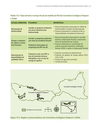 21714. SISTEMA DE CRÉDITOS DE CONSERVAÇÃO PARA OS CORREDORES ECOLÓGICOS CHAPECÓ E TIMBÓ
Serviços ambientais Provedores Beneficiários
Manutenção de
biodiversidade
Grandes ou pequenos produtores
com áreas relevantes para
biodiversidade
•	Pessoa física/jurídica interessada em offsets de
biodiversidade ou direitos de bioprospecção
•	Empresa interessada em marketing verde ou
responsabilidade sociambiental empresarial
Estoque e sequestro
de carbono e outros
bens florestais
Grandes ou pequenos produtores
com áreas de excedente florestal
Produtores interessados em
recuperação de APP e/ou RL
•	Pessoa física/jurídica interessada em servidão
florestal, compensação florestal, cumprimento
Termo de Ajustamento de Conduta
•	Empresa interessada em neutralização de
carbono (mercado voluntário), certificação
florestal, REDD, e sujeita a compensação florestal
Manuntenção da
disponibilidade de
qualidade hídrica
Produtores rurais com APP na
área de montante da bacia
hidrográfica, e/ou na área de
recarga de aquífero
•	Empresas municipais de abastecimento
•	Empresas de geração de energia elétrica (PCH,
CGH e UHE)
•	Usuários de água dos municípios
•	Comitês de bacias
Figura 14.1: Regiões socioeconômicas dos Corredores Ecológicos Chapecó e Timbó
Tabela 14.1:Tipos de bens e serviços focais do modelo de PSA dos Corredores Ecológicos Chapecó
e Timbó
 
