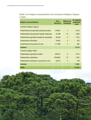 218 experiências de pagamentos por serviços ambientais no brasil
Tabela 14.2: Regiões socioeconômicas dos Corredores Ecológicos Chapecó
e Timbó
Regiões socioeconômicas
Área
(hectares)
Número de
municípios
Nº estimado
produtores
rurais
Corredor Ecológico Chapecó
Predominância de agricultura patronal de grãos 170.041 7 3.374
Predominância de agricultura familiar tradicional 91.789 10 2.093
Predominância agricultura familiar de assentados 28.539 3 1.752
Predominância silvicultura 74.952 4 472
Predominância de pecuária de corte 111.598 3 462
Subtotal 8.153
Corredor Ecológico Timbó
Predominância agricultura familiar 205.615 4 3.152
Predominância silvilcultura 220.6645 10 1.532
Predominância silvilcultura e pecuária de corte 63.214 4 378
Subtotal 5.062
TOTAL 13.214
 