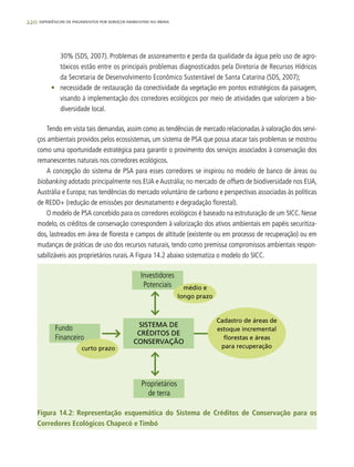 220 experiências de pagamentos por serviços ambientais no brasil
30% (SDS, 2007). Problemas de assoreamento e perda da qualidade da água pelo uso de agro-
tóxicos estão entre os principais problemas diagnosticados pela Diretoria de Recursos Hídricos
da Secretaria de Desenvolvimento Econômico Sustentável de Santa Catarina (SDS, 2007);
•	 necessidade de restauração da conectividade da vegetação em pontos estratégicos da paisagem,
visando à implementação dos corredores ecológicos por meio de atividades que valorizem a bio-
diversidade local.
Tendo em vista tais demandas, assim como as tendências de mercado relacionadas à valoração dos servi-
ços ambientais providos pelos ecossistemas, um sistema de PSA que possa atacar tais problemas se mostrou
como uma oportunidade estratégica para garantir o provimento dos serviços associados à conservação dos
remanescentes naturais nos corredores ecológicos.
A concepção do sistema de PSA para esses corredores se inspirou no modelo de banco de áreas ou
biobanking adotado principalmente nos EUA e Austrália; no mercado de offsets de biodiversidade nos EUA,
Austrália e Europa; nas tendências do mercado voluntário de carbono e perspectivas associadas às políticas
de REDD+ (redução de emissões por desmatamento e degradação florestal).
O modelo de PSA concebido para os corredores ecológicos é baseado na estruturação de um SICC. Nesse
modelo, os créditos de conservação correspondem à valorização dos ativos ambientais em papéis securitiza-
dos, lastreados em área de floresta e campos de altitude (existente ou em processo de recuperação) ou em
mudanças de práticas de uso dos recursos naturais, tendo como premissa compromissos ambientais respon-
sabilizáveis aos proprietários rurais.A Figura 14.2 abaixo sistematiza o modelo do SICC.
Investidores
Potenciais
SISTEMA DE
CRÉDITOS DE
CONSERVAÇÃO
Fundo
Financeiro
Proprietários
de terra
médio e
longo prazo
curto prazo
Cadastro de áreas de
estoque incremental
florestas e áreas
para recuperação
Figura 14.2: Representação esquemática do Sistema de Créditos de Conservação para os
Corredores Ecológicos Chapecó e Timbó
 