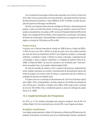 262 experiências de pagamentos por serviços ambientais no brasil
Já os componentes Associação e Renda estão amparados, até o terceiro trimestre de
2014, pelos recursos provenientes do Fundo Amazônia, sob gestão do Banco Nacional
de Desenvolvimento Econômico e Social (BNDES), de R$ 19 milhões, oriundos das doa-
ções dos governos da Noruega e da Alemanha.
Parcerias com empresas fazem parte da estratégia da FAS para o desenvolvimento de
projetos e apoio ao Fundo Permanente. A Samsung, por exemplo, é parceira da FAS em
projetos socioambientais vinculados ao PBF na Área de Proteção Ambiental (APA) do Rio
Negro. Com a doação de R$ 3,8 milhões, a Samsung permitiu a construção e manutenção
do Núcleo de Conservação e Sustentabilidade, investimentos em programas de apoio na
região e a inclusão de 100 famílias no PBF na APA.
Projeto Juma
A parceria com o Marriott International iniciada em 2008 financia o Projeto de REDD+
na RDS do Juma com US$ 2 milhões ao longo de quatro anos. Esse projeto promove,
por meio das linhas de investimento do PBF e seus Programas de Apoio, a conservação
ambiental, a assistência à saúde, a melhoria no acesso à educação, a aplicação das leis
e fiscalização, o apoio a negócios sustentáveis e a mitigação da pobreza (Viana et al.,
2008). O Projeto de REDD+ do Juma foi o primeiro a ser certificado como “nível ouro”
dentro do padrão Clima, Comunidade e Biodiversidade (CCBS).
Por meio do mercado de carbono, a FAS e o governo do Amazonas, implementaram
outras medidas necessárias ao controle e monitoramento do desmatamento dentro dos
limites do projeto e seu entorno, além de reforçar o cumprimento das leis e melhorar as
condições de vida das comunidades locais.
O Projeto Juma visa a contenção do desmatamento de 7,8 mil ha de floresta tropical
entre 2006 e 2016, correspondendo a emissão evitada de 3,6 milhões de toneladas de
CO2
e (tCO2
e) para a atmosfera. O projeto, entre 2006 e 2050, espera evitar a emissão
de cerca de 190 milhões tCO2
e, considerando apenas as áreas de creditação do projeto
(Viana et al., 2008).
16.5 Implementação do Programa
Em 2010, as 15 UCs estaduais abrangidas pelo programa receberam mais de R$ 14,4
milhões (Tabela 16.2) em investimentos por meio do PBF e seus Programas de Apoio.
Benefícios ambientais
Com relação ao desmatamento,aTabela 16.3 demonstra a eficiência do PBF dentro das UCs
estaduais do Amazonas nos primeiros anos de sua implementação. Durante o período de
 