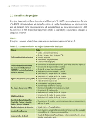 32 experiências de pagamentos por serviços ambientais no brasil
2.3 Detalhes do projeto
O projeto é executado conforme determina a Lei Municipal nº 2.100/05 e seu regulamento, o Decreto
nº 2.409/10, e é implantado por sub-bacias. Nos critérios de escolha, foi estabelecido que o início dar-se-ia
pela sub-bacia com menor cobertura vegetal: a sub-bacia das Posses, que possui aproximadamente 1.200
ha, com menos de 10% de cobertura vegetal nativa e todas as propriedades necessitando de ações para a
adequação ambiental.
Atores
O projeto é executado pela prefeitura em parceria com outros atores, conforme Tabela 2.1.
Tabela 2.1: Atores envolvidos no Projeto Conservador das Águas
Atores Ação
Prefeitura Municipal de Extrema
•	Gestão administrativa e técnica
•	Gestão e recursos financeiros para PSA
•	Assistência técnica
•	Mapeamento das propriedades
•	Gerenciamento do projeto
Secretaria de Meio Ambiente e
Desenvolvimento Sustentável
(SEMAD) / Instituto Estadual de
Florestas (IEF-MG)
•	Fornecimento de materiais de consumo (para cercas e insumos agrícolas)
•	Fornecimento de equipamentos (veículos)
•	Gestão de recursos financeiros para PSA
•	Apoio ao processo de comando e controle
•	Apoio técnico (a equipe técnica de Extrema)
Agência Nacional de Águas (ANA)
•	Apoio técnico (a equipe técnica de Extrema)
•	Monitoramento da qualidade e quantidade da água
•	Ações de conservação de solo
The Nature Conservancy (TNC)
•	Financiamento das ações de plantio
•	Manutenção e cercamento das áreas
•	Monitoramento da biodiversidade e comunidade
•	Fornecimento de equipamentos
•	Apoio técnico (a equipe técnica de Extrema)
SOS Mata Atlântica
•	Fornecimento de mudas de árvores nativas
•	Apoio técnico (a equipe técnica de Extrema)
Comitês de Bacia Hidrográfica
Piracicaba, Capivari e Jundiaí –
Paulista, Mineiro e Federal
•	Financiamento de projetos executivos através dos recursos da cobrança
pelo uso da água
Bauducco Indústria de Alimentos •	Pegada Hídrica e Pegada Ecológica
Laticínio Serra Dourada
•	Apoio financeiro aos agricultores inseridos no Conservador dasÁguas, por
meio de bônus de 10% no preço pago ao leite.
Indústria Dalka do Brasil	
•	Doação de Biodigestores Acqualimp para tratamento de efluentes domés-
ticos das propriedades rurais
 
