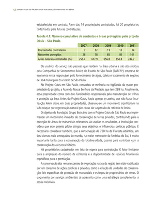 56 experiências de pagamentos por serviços ambientais no brasil
estabelecidos em contrato. Além das 14 propriedades contratadas, há 20 proprietários
cadastrados para futuras contratações.
Tabela 4.1: Número cumulativo de contratos e áreas protegidas pelo projeto
Oásis – São Paulo
2007 2008 2009 2010 2011
Propriedades contratadas 7 12 13 13 14
Nascentes protegidas 28 78 85 85 101
Áreas naturais contratadas (ha) 255.4 617.9 656.8 656.8 747.7
Os usuários do serviço são pessoas que residem na área urbana e são abastecidas
pela Companhia de Saneamento Básico do Estado de São Paulo (SABESP), empresa de
economia mista responsável pelo fornecimento de água, coleta e tratamento de esgotos
de 364 municípios do estado de São Paulo.
No Projeto Oásis em São Paulo, constatou-se melhoria na vigilância da maior pro-
priedade do projeto, a Fazenda Nossa Senhora da Piedade, que tem 269 ha. Atualmente,
essa propriedade conta com dois funcionários responsáveis pela manutenção de trilhas
e proteção da área. Antes do Projeto Oásis, havia apenas o caseiro, que não fazia fisca-
lização. Além disso, em duas propriedades, observou-se um incremento significativo no
sub-bosque por regeneração natural por causa da suspensão da retirada de lenha.
O objetivo da Fundação Grupo Boticário com o Projeto Oásis de São Paulo era imple-
mentar um mecanismo inovador de conservação de terras privadas, contribuindo para a
proteção de áreas de mananciais relevantes. Ao avaliar os resultados, a instituição con-
sidera que este projeto piloto atingiu seus objetivos e influenciou políticas públicas. É
necessário considerar também, que a conservação de 750 ha de Floresta Atlântica, um
dos biomas mais ameaçados do mundo, na maior metrópole da América do Sul, é muito
importante tanto para a conservação da biodiversidade, quanto para contribuir com a
conservação dos recursos hídricos.
Há proprietários cadastrados em lista de espera para contratação. O fator limitante
para a ampliação do número de contratos é a disponibilidade de recursos financeiros
específicos para a premiação.
A conservação dos remanescentes de vegetação nativa da região tem sido viabilizada
por um conjunto de ações públicas e privadas, como a criação de unidades de conserva-
ção, leis específicas de proteção de mananciais e esforços de proprietários de terras. O
pagamento por serviços ambientais se apresenta como uma estratégia complementar a
essas iniciativas.
 