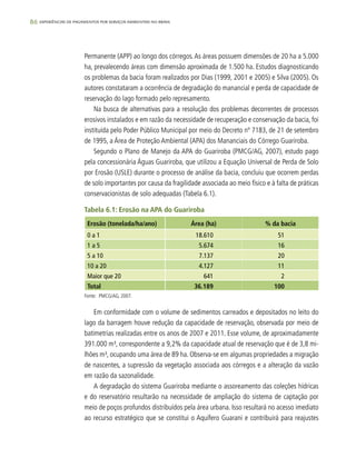 86 experiências de pagamentos por serviços ambientais no brasil
Permanente (APP) ao longo dos córregos.As áreas possuem dimensões de 20 ha a 5.000
ha, prevalecendo áreas com dimensão aproximada de 1.500 ha. Estudos diagnosticando
os problemas da bacia foram realizados por Dias (1999, 2001 e 2005) e Silva (2005). Os
autores constataram a ocorrência de degradação do manancial e perda de capacidade de
reservação do lago formado pelo represamento.
Na busca de alternativas para a resolução dos problemas decorrentes de processos
erosivos instalados e em razão da necessidade de recuperação e conservação da bacia, foi
instituída pelo Poder Público Municipal por meio do Decreto nº 7183, de 21 de setembro
de 1995, a Área de Proteção Ambiental (APA) dos Mananciais do Córrego Guariroba.
Segundo o Plano de Manejo da APA do Guariroba (PMCG/AG, 2007), estudo pago
pela concessionária Águas Guariroba, que utilizou a Equação Universal de Perda de Solo
por Erosão (USLE) durante o processo de análise da bacia, concluiu que ocorrem perdas
de solo importantes por causa da fragilidade associada ao meio físico e à falta de práticas
conservacionistas de solo adequadas (Tabela 6.1).
Tabela 6.1: Erosão na APA do Guariroba
Erosão (tonelada/ha/ano) Área (ha) % da bacia
0 a 1 18.610 51
1 a 5 5.674 16
5 a 10 7.137 20
10 a 20 4.127 11
Maior que 20 641 2
Total 36.189 100
Em conformidade com o volume de sedimentos carreados e depositados no leito do
lago da barragem houve redução da capacidade de reservação, observada por meio de
batimetrias realizadas entre os anos de 2007 e 2011. Esse volume, de aproximadamente
391.000 m³, correspondente a 9,2% da capacidade atual de reservação que é de 3,8 mi-
lhões m³, ocupando uma área de 89 ha. Observa-se em algumas propriedades a migração
de nascentes, a supressão da vegetação associada aos córregos e a alteração da vazão
em razão da sazonalidade.
A degradação do sistema Guariroba mediante o assoreamento das coleções hídricas
e do reservatório resultarão na necessidade de ampliação do sistema de captação por
meio de poços profundos distribuídos pela área urbana. Isso resultará no acesso imediato
ao recurso estratégico que se constitui o Aquífero Guarani e contribuirá para reajustes
Fonte:	 PMCG/AG, 2007.
 