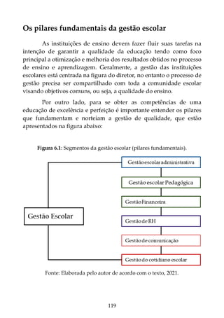 119
Os pilares fundamentais da gestão escolar
As instituições de ensino devem fazer fluir suas tarefas na
intenção de garantir a qualidade da educação tendo como foco
principal a otimização e melhoria dos resultados obtidos no processo
de ensino e aprendizagem. Geralmente, a gestão das instituições
escolares está centrada na figura do diretor, no entanto o processo de
gestão precisa ser compartilhado com toda a comunidade escolar
visando objetivos comuns, ou seja, a qualidade do ensino.
Por outro lado, para se obter as competências de uma
educação de excelência e perfeição é importante entender os pilares
que fundamentam e norteiam a gestão de qualidade, que estão
apresentados na figura abaixo:
Figura 6.1: Segmentos da gestão escolar (pilares fundamentais).
Fonte: Elaborada pelo autor de acordo com o texto, 2021.
 
