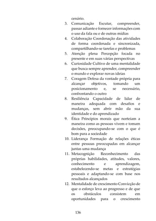 136
cenário.
3. Comunicação Escutar, compreender,
passar adiante e fornecer informações com
o uso da fala ou e de outras mídias
4. Colaboração Coordenação das atividades
de forma coordenada e sincronizada,
compartilhando-se tarefas e problemas
5. Atenção plena Percepção focada no
presente e em suas várias perspectivas
6. Curiosidade Cultivo de uma mentalidade
que busca sempre aprender, compreender
o mundo e explorar novas ideias
7. Coragem Defesa da vontade própria para
alcançar objetivos, tomando um
posicionamento e, se necessário,
confrontando o outro
8. Resiliência Capacidade de lidar de
maneira adequada com desafios e
mudanças, sem abrir mão da sua
identidade e do aprendizado
9. Ética Princípios morais que norteiam a
maneira como as pessoas vivem e tomam
decisões, preocupando-se com o que é
bom para a sociedade
10. Liderança Formação de relações éticas
entre pessoas preocupadas em alcançar
juntas uma mudança
11. Metacognição Reconhecimento das
próprias habilidades, atitudes, valores,
conhecimento e aprendizagem,
estabelecendo-se metas e estratégias
pessoais e adaptando-se com base nos
resultados alcançados
12. Mentalidade de crescimento Convicção de
que o esforço leva ao progresso e de que
os obstáculos consistem em
oportunidades para o crescimento
 