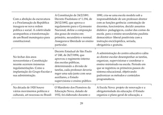 29
Com a abolição da escravatura
e a Proclamação da República
inaugura-se nova ordem
política e social. A coletividade
acompanhou a transformação
de um Brasil monárquico para
constitucional.
A Constituição de 24/2/1891.
Decreto Paulistano nº 1.194, de
28/12/1892, que aprova o
regulamento para o Gymnasio
Nacional, define a composição
dos graus de ensino em:
primário, secundário e normal.
Assegurava liberdade ao ensino
particular.
1890, cria-se uma escola modelo sob a
responsabilidade de um professor-diretor
com as funções gerência: contratação de
docentes, funcionários, decidir assuntos
didático- pedagógicos, cuidar das contas da
escola. para o ensino secundarista paulista
democrático- liberal positivista com a
instrução enciclopédica, seriada,
obrigatória e gratuita.
No fechar dos anos
novecentistas e Constituição
recente ocorrem inúmeras
regulamentações. Como a
implantação do Grupo Escolar e
sua administração.
Decreto Estadual de São Paulo
nº 248, de 26/7/1894, que
aprovou o regimento interno
das escolas públicas,
determinando a divisão de
tarefas, cada professor deveria
reger uma sala junto com seus
auxiliares, o Estado
supervisiona o ensino público.
A administração do centro educativo cabia
ao diretor escolar desempenhar as tarefas,
organizar, supervisionar e coordenar o
ensino ministrado na escola. Período em
que se registrou os primeiros passos do
sistema educacional, objetivando
padronizar os métodos e conteúdos
programáticos.
Na década de 1920 houve
vários movimentos políticos e
culturais, art nouveau no Brasil:
O Manifesto dos Pioneiros da
Educação Nova, datado de
1932, foi elaborado durante o
A Escola Nova: projeto de renovação e a
obrigatoriedade da educação. O Estado
organiza o plano geral de educação, a
 