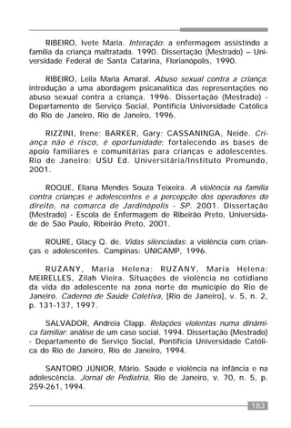 183
RIBEIRO, Ivete Maria. Interação: a enfermagem assistindo a
família da criança maltratada. 1990. Dissertação (Mestrado) – Uni-
versidade Federal de Santa Catarina, Florianópolis, 1990.
RIBEIRO, Leila Maria Amaral. Abuso sexual contra a criança:
introdução a uma abordagem psicanalítica das representações no
abuso sexual contra a criança. 1996. Dissertação (Mestrado) -
Departamento de Serviço Social, Pontifícia Universidade Católica
do Rio de Janeiro, Rio de Janeiro, 1996.
RIZZINI, Irene; BARKER, Gary; CASSANINGA, Neide. Cri-
ança não é risco, é oportunidade: fortalecendo as bases de
apoio familiares e comunitárias para crianças e adolescentes.
Rio de Janeiro: USU Ed. Universitária/Instituto Promundo,
2001.
ROQUE, Eliana Mendes Souza Teixeira. A violência na família
contra crianças e adolescentes e a percepção dos operadores do
direito, na comarca de Jardinópolis - SP. 2001. Dissertação
(Mestrado) - Escola de Enfermagem de Ribeirão Preto, Universida-
de de São Paulo, Ribeirão Preto, 2001.
ROURE, Glacy Q. de. Vidas silenciadas: a violência com crian-
ças e adolescentes. Campinas: UNICAMP, 1996.
RUZANY, Maria Helena; RUZANY, Maria Helena;
MEIRELLES, Zilah Vieira. Situações de violência no cotidiano
da vida do adolescente na zona norte do município do Rio de
Janeiro. Caderno de Saúde Coletiva, [Rio de Janeiro], v. 5, n. 2,
p. 131-137, 1997.
SALVADOR, Andreia Clapp. Relações violentas numa dinâmi-
ca familiar: análise de um caso social. 1994. Dissertação (Mestrado)
- Departamento de Serviço Social, Pontifícia Universidade Católi-
ca do Rio de Janeiro, Rio de Janeiro, 1994.
SANTORO JÚNIOR, Mário. Saúde e violência na infância e na
adolescência. Jornal de Pediatria, Rio de Janeiro, v. 70, n. 5, p.
259-261, 1994.
 