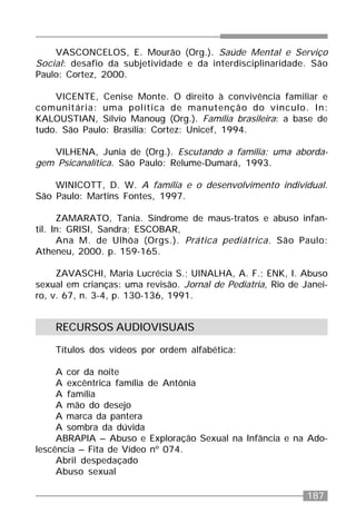 187
VASCONCELOS, E. Mourão (Org.). Saúde Mental e Serviço
Social: desafio da subjetividade e da interdisciplinaridade. São
Paulo: Cortez, 2000.
VICENTE, Cenise Monte. O direito à convivência familiar e
comunitária: uma política de manutenção do vínculo. In:
KALOUSTIAN, Sílvio Manoug (Org.). Família brasileira: a base de
tudo. São Paulo: Brasília; Cortez: Unicef, 1994.
VILHENA, Junia de (Org.). Escutando a família: uma aborda-
gem Psicanalítica. São Paulo: Relume-Dumará, 1993.
WINICOTT, D. W. A família e o desenvolvimento individual.
São Paulo: Martins Fontes, 1997.
ZAMARATO, Tania. Síndrome de maus-tratos e abuso infan-
til. In: GRISI, Sandra; ESCOBAR,
Ana M. de Ulhôa (Orgs.). Prática pediátrica. São Paulo:
Atheneu, 2000. p. 159-165.
ZAVASCHI, Maria Lucrécia S.; UINALHA, A. F.; ENK, I. Abuso
sexual em crianças: uma revisão. Jornal de Pediatria, Rio de Janei-
ro, v. 67, n. 3-4, p. 130-136, 1991.
RECURSOS AUDIOVISUAIS
Títulos dos vídeos por ordem alfabética:
A cor da noite
A excêntrica família de Antônia
A família
A mão do desejo
A marca da pantera
A sombra da dúvida
ABRAPIA – Abuso e Exploração Sexual na Infância e na Ado-
lescência – Fita de Vídeo nº 074.
Abril despedaçado
Abuso sexual
 