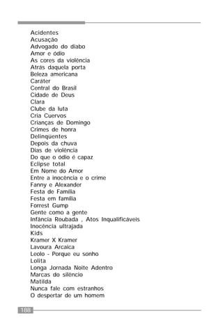 188
Acidentes
Acusação
Advogado do diabo
Amor e ódio
As cores da violência
Atrás daquela porta
Beleza americana
Caráter
Central do Brasil
Cidade de Deus
Clara
Clube da luta
Cria Cuervos
Crianças de Domingo
Crimes de honra
Delinqüentes
Depois da chuva
Dias de violência
Do que o ódio é capaz
Eclipse total
Em Nome do Amor
Entre a inocência e o crime
Fanny e Alexander
Festa de Família
Festa em família
Forrest Gump
Gente como a gente
Infância Roubada , Atos Inqualificáveis
Inocência ultrajada
Kids
Kramer X Kramer
Lavoura Arcaica
Leolo - Porque eu sonho
Lolita
Longa Jornada Noite Adentro
Marcas do silêncio
Matilda
Nunca fale com estranhos
O despertar de um homem
 
