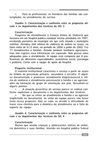 53
• Para os profissionais, os membros das famílias são con-
templados no atendimento do serviço.
Quadro 3: Caracterização e confronto entre as propostas ofi-
ciais e os depoimentos dos técnicos da OG 3
Caracterização
Programa de Atendimento à Criança Vítima de Violência que
funciona em um hospital público estadual. Iniciou atividades em 1997,
recebendo pacientes do município em que está situado e municípios
vizinhos. Atendeu 368 vítimas de violência de ambos os sexos, na
faixa etária de 0-12 anos, no período de 2000 a junho de 2002. Fez
77 atendimentos a famílias. Atende também familiares agressores,
mas não registra essa informação em separado. Não possui salas
adequadas para o atendimento. A equipe está composta por 8 pro-
fissionais de diferentes especialidades: assistência social, psicologia
e pediatria. Conta com a equipe de apoio do hospital.
Proposta institucional
O material institucional caracteriza o serviço a partir de ações
no âmbito da prevenção primária, secundária e terciária. O objeti-
vo documentado é promover atendimento biopsicossocial à víti-
ma de violência e atendimento psicossocial à família e ao agressor,
além da formação de grupo de orientação aos pais. Ressaltam-se
alguns pontos:
• A atuação preventiva do serviço parece se realizar con-
forme explicitam o documento e os depoimentos dos técnicos.
• No que se refere ao atendimento à família e ao agressor
(explicitado no documento), na visão da equipe parece não haver
êxito nessa proposta. Não se sabe se devido à dificuldade de
trazer essa clientela para a dinâmica do atendimento ou à falta de
suporte da equipe.
Quadro 4: Caracterização e confronto entre as propostas ofi-
ciais e os depoimentos dos técnicos da OG 4
Caracterização
Núcleo que atende crianças e adolescentes vítimas de violên-
cia doméstica e suas famílias, inserido em hospital público federal
 