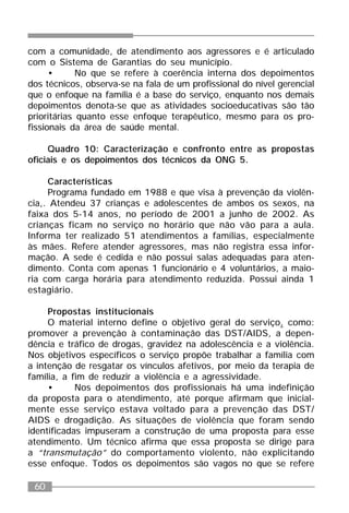 60
com a comunidade, de atendimento aos agressores e é articulado
com o Sistema de Garantias do seu município.
• No que se refere à coerência interna dos depoimentos
dos técnicos, observa-se na fala de um profissional do nível gerencial
que o enfoque na família é a base do serviço, enquanto nos demais
depoimentos denota-se que as atividades socioeducativas são tão
prioritárias quanto esse enfoque terapêutico, mesmo para os pro-
fissionais da área de saúde mental.
Quadro 10: Caracterização e confronto entre as propostas
oficiais e os depoimentos dos técnicos da ONG 5.
Características
Programa fundado em 1988 e que visa à prevenção da violên-
cia,. Atendeu 37 crianças e adolescentes de ambos os sexos, na
faixa dos 5-14 anos, no período de 2001 a junho de 2002. As
crianças ficam no serviço no horário que não vão para a aula.
Informa ter realizado 51 atendimentos a famílias, especialmente
às mães. Refere atender agressores, mas não registra essa infor-
mação. A sede é cedida e não possui salas adequadas para aten-
dimento. Conta com apenas 1 funcionário e 4 voluntários, a maio-
ria com carga horária para atendimento reduzida. Possui ainda 1
estagiário.
Propostas institucionais
O material interno define o objetivo geral do serviço, como:
promover a prevenção à contaminação das DST/AIDS, a depen-
dência e tráfico de drogas, gravidez na adolescência e a violência.
Nos objetivos específicos o serviço propõe trabalhar a família com
a intenção de resgatar os vínculos afetivos, por meio da terapia de
família, a fim de reduzir a violência e a agressividade.
• Nos depoimentos dos profissionais há uma indefinição
da proposta para o atendimento, até porque afirmam que inicial-
mente esse serviço estava voltado para a prevenção das DST/
AIDS e drogadição. As situações de violência que foram sendo
identificadas impuseram a construção de uma proposta para esse
atendimento. Um técnico afirma que essa proposta se dirige para
a “transmutação” do comportamento violento, não explicitando
esse enfoque. Todos os depoimentos são vagos no que se refere
 