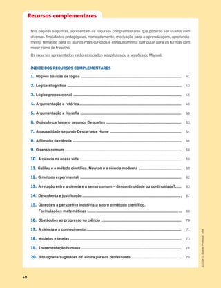 40
©
COGITO,
Guia
do
Professor,
ASA
Recursos complementares
Nas páginas seguintes, apresentam-se recursos complementares que poderão ser usados com
diversas ﬁnalidades pedagógicas, nomeadamente, motivação para a aprendizagem, aprofunda-
mento temático para os alunos mais curiosos e enriquecimento curricular para as turmas com
maior ritmo de trabalho.
Os recursos apresentados estão associados a capítulos ou a secções do Manual.
ÍNDICE DOS RECURSOS COMPLEMENTARES
1. Noções básicas de lógica ..................................................................................................... 41
2. Lógica silogística ................................................................................................................... 43
3. Lógica proposicional ............................................................................................................. 46
4. Argumentação e retórica....................................................................................................... 48
5. Argumentação e filosofia ...................................................................................................... 50
6. O círculo cartesiano segundo Descartes ............................................................................ 53
7. A causalidade segundo Descartes e Hume ........................................................................ 54
8. A filosofia da ciência .............................................................................................................. 56
9. O senso comum ...................................................................................................................... 58
10. A ciência na nossa vida ...................................................................................................... 59
11. Galileu e o método científico. Newton e a ciência moderna ........................................... 60
12. O método experimental ...................................................................................................... 62
13. A relação entre a ciência e o senso comum – descontinuidade ou continuidade?...... 63
14. Descoberta e justificação.................................................................................................... 67
15. Objeções à perspetiva indutivista sobre o método científico.
Formulações matemáticas .............................................................................................. 68
16. Obstáculos ao progresso na ciência ................................................................................. 70
17. A ciência e o conhecimento ................................................................................................ 71
18. Modelos e teorias ................................................................................................................ 73
19. Incrementação humana ..................................................................................................... 76
20. Bibliografia/sugestões de leitura para os professores .................................................. 79
 