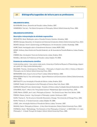 79
©
COGITO,
Guia
do
Professor,
ASA
Cogito šGuia do Professor
BIBLIOGRAFIA GERAL
BLACKBURN, Simon, Dicionário de Filosoﬁa, Lisboa, Gradiva, 1997.
HONDERICH, Ted (ed.), The Oxford Companion to Philosophy, Oxford, Oxford University Press, 1995.
BIBLIOGRAFIA ESPECÍFICA
Descrição e interpretação da atividade cognoscitiva
DESCARTES, René, Meditações sobre a Filosoﬁa Primeira, Coimbra, Almedina, 1992.
DICKER, Georges, Descartes: An Analytical and Historical Introduction, Oxford, Oxford University Press, 2013.
DICKER, Georges, Hume’s Epistemology and Metaphysics: An Introduction, London, Routledge, 1998.
HUME, David, Investigação sobre o Entendimento Humano, Lisboa, INCM, 2002.
KENNY, Anthony, Nova História da Filosoﬁa Ocidental, vol. III: Ascensão da Filosoﬁa Moderna, Lisboa, Gradiva,
2011.
O’BRIEN, Dan, Introdução à Teoria do Conhecimento, Lisboa, Gradiva, 2013.
RUSSELL, Bertrand, Os Problemas da Filosoﬁa, Lisboa, Edições 70, 2008.
Estatuto do conhecimento científico
Understanding science – how science really works, University of California Museum of Paleontology, disponí-
vel a partir de http://undsci.berkeley.edu/
BALDWIN, Thomas, Contemporary Philosophy – Philosophy in English since 1945, A History of Western
Philosophy (vol. 8), Oxford, Oxford University Press, 2001.
BERNARDINI, Carlo, O que é uma Lei Física?, Lisboa, Editorial Notícias, 1989.
BOGHOSSIAN, Paul A., Fear of Knowledge – Against Relativism and Constructivism, Oxford, Oxford University
Press, 2006.
BORTOLOTTI, Lisa, Introdução à Filosoﬁa da Ciência, Lisboa, Gradiva, 2013.
CARNAP, Rudolf, An Introduction to the Philosophy of Science, New York, Dover, 1995.
CARRILHO, Manuel M. (ed.), Epistemologia – Posições e Críticas, Lisboa, Fundação Calouste Gulbenkian, 1991.
CHALMERS, Alan F., What is this Thing Called Science?, Maidenhead, Open University Press, 1976.
CURD, Martin, COVER, Jan A. (ed.), Philosophy of Science – The Central Issues, New York, Norton, 1998.
FRENCH, Steven, Science – Key Concepts in Philosophy, London, Continuum, 2007.
KUHN, Thomas S., The Structure of Scientiﬁc Revolutions, Chicago, The University of Chicago Press, 1962.
KUHN, Thomas S., A Tensão Essencial, Lisboa, Edições 70, 1989.
LOSEE, John, Introdução Histórica à Filosoﬁa da Ciência, Lisboa, Terramar, 1997.
OKASHA, Samir, Philosophy of Science – A Very Short Introduction, Oxford, Oxford University Press, 2002.
PAPINEAU, David, “Methodology: The Elements of the Philosophy of Science”, in GRAYLING, A. C. (ed.),
Philosophy 1 – A Guide Through the Subject, Oxford, Oxford University Press, 1995.
20 Bibliograﬁa/sugestões de leitura para os professores
 