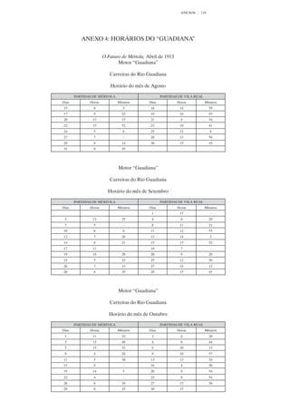 ANEXOS   118




          ANEXO 4: HORÁRIOS DO “GUADIANA”


                      O Futuro de Mértola, Abril de 1913
                             Motor “Guadiana”

                         Carreiras do Rio Guadiana

                         Horário do mês de Agosto

       PARTIDAS DE MÉRTOLA                         PARTIDAS DE VILA REAL
Dias          Horas          Minutos        Dias           Horas           Minutos
15              8               3            16             14               59
17              9              23            18             16               45
20             13              15            21              8               34
22             15              52            23             10               41
24              5               6            25             12                8
27              7               -            28             13               56
29              8              14            30             15               19
31              9              45            -               -                -




                             Motor “Guadiana”

                         Carreiras do Rio Guadiana

                        Horário do mês de Setembro

       PARTIDAS DE MÉRTOLA                         PARTIDAS DE VILA REAL
Dias          Horas          Minutos        Dias           Horas           Minutos
                                             1              17                -
 3             13              25            4               8               29
 7              5               -            8              11               21
10              6               6            11             12               53
12              7              26            13             14                2
14              8              21            15             15               32
17             11               -            18              7                -
19             14              29            20              9               28
23              5              23            25             12               56
26              7              13            27             14               12
28              8              35            29             15               45




                             Motor “Guadiana”

                         Carreiras do Rio Guadiana

                         Horário do mês de Outubro

       PARTIDAS DE MÉRTOLA                         PARTIDAS DE VILA REAL
Dias          Horas          Minutos        Dias           Horas           Minutos
 1             11              23            2               6               28
 3             13              49            4               8               44
 5             15              33            6              10               13
 8              4              24            9              10               57
11              5              30            13             13               34
15              9               -            16              4               30
19             14               5            20              8               54
22              4               -            23              8               54
26              6              34            27             13               36
29              8              45            30             15                -
 