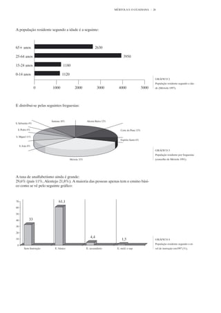 MÉRTOLA E O GUADIANA    26




A população residente segundo a idade é a seguinte:



65+ anos                                        2630

25-64 anos                                                       3950

15-24 anos                     1180

0-14 anos                      1120
                                                                                     GRÁFICO 2
                                                                                     População residente segundo a ida-
             0          1000           2000      3000         4000          5000     de (Mértola 1997).




E distribui-se pelas seguintes freguesias:




                                                                                     GRÁFICO 3
                                                                                     População residente por freguesias
                                                                                     (concelho de Mértola 1991).




A taxa de analfabetismo ainda é grande:
29,6% (país 11%, Alentejo 21,8%). A maioria das pessoas apenas tem o ensino bási-
co como se vê pelo seguinte gráfico:




                                                                                     GRÁFICO 4
                                                                                     População residente segundo o ní-
                                                                                     vel de instrução em1997 (%).
 