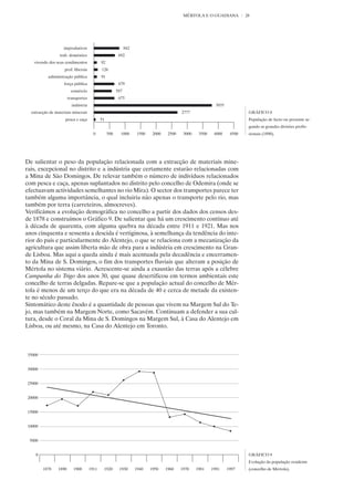 MÉRTOLA E O GUADIANA            28




                   improdutivos                              842
                 trab. doméstico                        692
   vivendo dos seus rendimentos             92
                    prof. liberais          126
           administração pública            91
                    força pública                       679
                        comércio                       587
                       transportes                      675
                         indústria                                                                           3935
  extracção de materiais minerais                                                          2777                              GRÁFICO 8
                    pesca e caça            51                                                                               População de facto ou presente se-
                                                                                                                             gundo as grandes divisões profis-
                                       0         500     1000       1500    2000    2500    3000    3500    4000     4500    sionais (1890).




De salientar o peso da população relacionada com a extracção de materiais mine-
rais, excepcional no distrito e a indústria que certamente estarão relacionadas com
a Mina de São Domingos. De relevar também o número de indivíduos relacionados
com pesca e caça, apenas suplantados no distrito pelo concelho de Odemira (onde se
efectuavam actividades semelhantes no rio Mira). O sector dos transportes parece ter
também alguma importância, o qual incluiria não apenas o transporte pelo rio, mas
também por terra (carreteiros, almocreves).
Verificámos a evolução demográfica no concelho a partir dos dados dos censos des-
de 1878 e construímos o Gráfico 9. De salientar que há um crescimento contínuo até
à década de quarenta, com alguma quebra na década entre 1911 e 1921. Mas nos
anos cinquenta e sessenta a descida é vertiginosa, à semelhança da tendência do inte-
rior do país e particularmente do Alentejo, o que se relaciona com a mecanização da
agricultura que assim liberta mão de obra para a indústria em crescimento na Gran-
de Lisboa. Mas aqui a queda ainda é mais acentuada pela decadência e encerramen-
to da Mina de S. Domingos, o fim dos transportes fluviais que alteram a posição de
Mértola no sistema viário. Acrescente-se ainda a exaustão das terras após a célebre
Campanha do Trigo dos anos 30, que quase desertificou em termos ambientais este
concelho de terras delgadas. Repare-se que a população actual do concelho de Mér-
tola é menos de um terço do que era na década de 40 e cerca de metade da existen-
te no século passado.
Sintomático deste êxodo é a quantidade de pessoas que vivem na Margem Sul do Te-
jo, mas também na Margem Norte, como Sacavém. Continuam a defender a sua cul-
tura, desde o Coral da Mina de S. Domingos na Margem Sul, à Casa do Alentejo em
Lisboa, ou até mesmo, na Casa do Alentejo em Toronto.



35000


30000


25000


20000


15000


10000


 5000


    0                                                                                                                        GRÁFICO 9
                                                                                                                             Evolução da população residente
        1878    1890      1900       1911    1920       1930       1940    1950    1960    1970    1981    1991     1997     (concelho de Mértola).
 