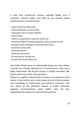 A cada novo pensamento estamos soprando balões azuis e
vermelhos. Inflamos balões azuis toda vez que ouvimos aquela
vozinha da nossa consciência dizer:

- Vá em frente que dará certo
- Você vai alcançar os seus sonhos
- Você pode e fará um bom trabalho
- Você merece
- Como eu sou grato por tudo que tenho, etc.
  Enchemos balões vermelhos quando a nossa vozinha nos diz:
- Esqueça aquele emprego, é muito bom para você
- Você não vai dar conta
- Você não merece
- Desista do seu sonho
- Se você tivesse nascido rico
- Se você não tivesse filhos; etc.

Cada balão inflado ocupa um determinado espaço em nossa cabeça.
E quanto mais emoção colocamos em um pensamento, maior será o
balão. Infelizmente não dá para estourar os balões vermelhos. Não
dá para voltar atrás sobre o que pensamos.
Positivo ou negativo o pensamento já ocupou o seu espaço em nossa
cabeça. A boa notícia é que a nossa cabeça tem um limite de espaço,
uma quantidade de pensamentos que podemos armazenar. Com
isso, apesar de não podermos estourar os balões vermelhos,
podemos conscientemente soprar balões azuis. Ou seja,
propositalmente podemos ter pensamentos positivos.




                                                                25
 