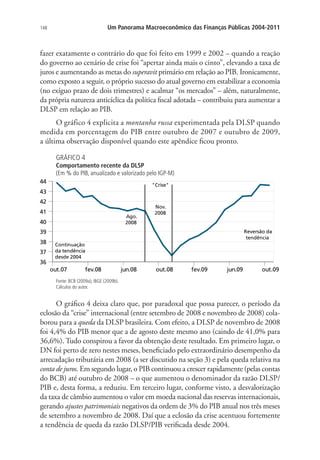 148 Um Panorama Macroeconômico das Finanças Públicas 2004-2011
fazer exatamente o contrário do que foi feito em 1999 e 2002 – quando a reação
do governo ao cenário de crise foi “apertar ainda mais o cinto”, elevando a taxa de
juros e aumentando as metas do superavit primário em relação ao PIB. Ironicamente,
como exposto a seguir, o próprio sucesso do atual governo em estabilizar a economia
(no exíguo prazo de dois trimestres) e acalmar “os mercados” – além, naturalmente,
da própria natureza anticíclica da política fiscal adotada – contribuiu para aumentar a
DLSP em relação ao PIB.
O gráfico 4 explicita a montanha russa experimentada pela DLSP quando
medida em porcentagem do PIB entre outubro de 2007 e outubro de 2009,
a última observação disponível quando este apêndice ficou pronto.
GRÁFICO 4
Comportamento recente da DLSP
(Em % do PIB, anualizado e valorizado pelo IGP-M)
Fonte: BCB (2009a); IBGE (2009b).
Cálculos do autor.
O gráfico 4 deixa claro que, por paradoxal que possa parecer, o período da
eclosão da “crise” internacional (entre setembro de 2008 e novembro de 2008) cola-
borou para a queda da DLSP brasileira. Com efeito, a DLSP de novembro de 2008
foi 4,4% do PIB menor que a de agosto deste mesmo ano (caindo de 41,0% para
36,6%). Tudo conspirou a favor da obtenção deste resultado. Em primeiro lugar, o
DN foi perto de zero nestes meses, beneficiado pelo extraordinário desempenho da
arrecadação tributária em 2008 (a ser discutido na seção 3) e pela queda relativa na
conta de juros. Em segundo lugar, o PIB continuou a crescer rapidamente (pelas contas
do BCB) até outubro de 2008 – o que aumentou o denominador da razão DLSP/
PIB e, desta forma, a reduziu. Em terceiro lugar, conforme visto, a desvalorização
da taxa de câmbio aumentou o valor em moeda nacional das reservas internacionais,
gerando ajustes patrimoniais negativos da ordem de 3% do PIB anual nos três meses
de setembro a novembro de 2008. Daí que a eclosão da crise acentuou fortemente
a tendência de queda da razão DLSP/PIB verificada desde 2004.
 