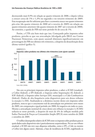 157Um Panorama das Finanças Públicas Brasileiras de 1995 a 2009
decrescendo mais 0,9% em relação ao quarto trimestre de 2008, e depois voltou
a crescer cerca de 1% e 1,3% no segundo e no terceiro trimestre de 2009.
Esta recuperação não foi suficiente para fazer a economia crescer nos quatro trimestres
pós-crise (do quarto trimestre de 2008 até o terceiro de 2009) em relação aos
quatro trimestres anteriores (do quarto trimestre de 2007 até o terceiro de 2008).
Ao contrário, a queda do PIB real neste período foi de cerca de 1%.
Porém, a CTB caiu bem mais que isso. Começando pelos impostos sobre
produtos, percebe-se que sua arrecadação (divulgada pelo IBGE nas Contas
Nacionais Trimestrais, com ajuste sazonal) diminuiu significativamente em
porcentagem do PIB nos últimos três trimestres, a despeito da desaceleração desta
última variável (gráfico 5).
GRÁFICO 5
Impostos sobre produtos nos últimos oito trimestres (com ajuste sazonal)
Fonte: IBGE (2009b).
São sete os principais impostos sobre produtos, a saber: o ICMS (estadual),
a Cofins (federal), o IPI (federal), o Imposto sobre Importações (II, federal), o
IOF (federal), o Imposto sobre Serviços (ISS, municipal) e a Cide-Combustíveis
(federal). Dados de alta frequência estão disponíveis para seis destes tributos
(a exceção é o ISS). Analisando-se a dinâmica recente destes seis impostos sobre
produtos, nota-se que o crescimento real da arrecadação nos primeiros nove meses
de 2009, em comparação a igual período em 2008, foi negativo em todos os casos.
Mesmo a arrecadação nominal de cinco destes seis tributos (a exceção é o ICMS)
reduziu-se neste período, a despeito de mais de 4% de inflação medida pelo
Índice Nacional de Preços ao Consumidor Amplo (IPCA) entre outubro de 2008
e setembro de 2009.
OmelhordesempenhorelativodoICMSentreosimpostossobreprodutosparaos
quais dados estão disponíveis não é particularmente surpreendente. Por ser um tributo
estadual, o ICMS não teve suas alíquotas reduzidas, como o IPI, a Cide ou mesmo
a Cofins (em alguns casos). Ademais, a base de incidência do ICMS, englobando os
 