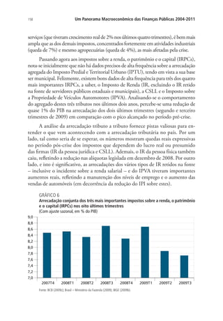 158 Um Panorama Macroeconômico das Finanças Públicas 2004-2011
serviços (que tiveram crescimento real de 2% nos últimos quatro trimestres), é bem mais
ampla que as dos demais impostos, concentrados fortemente em atividades industriais
(queda de 7%) e mesmo agropecuárias (queda de 4%), as mais afetadas pela crise.
Passando agora aos impostos sobre a renda, o patrimônio e o capital (IRPCs),
nota-se inicialmente que não há dados precisos de alta frequência sobre a arrecadação
agregada do Imposto Predial eTerritorial Urbano (IPTU), tendo em vista a sua base
ser municipal. Felizmente, existem bons dados de alta frequência para três dos quatro
mais importantes IRPCs, a saber, o Imposto de Renda (IR, excluindo o IR retido
na fonte de servidores públicos estaduais e municipais), a CSLL e o Imposto sobre
a Propriedade de Veículos Automotores (IPVA). Analisando-se o comportamento
do agregado destes três tributos nos últimos dois anos, percebe-se uma redução de
quase 1% do PIB na arrecadação dos dois últimos trimestres (segundo e terceiro
trimestres de 2009) em comparação com o pico alcançado no período pré-crise.
A análise da arrecadação tributo a tributo fornece pistas valiosas para en-
tender o que vem acontecendo com a arrecadação tributária no país. Por um
lado, tal como seria de se esperar, os números mostram quedas reais expressivas
no período pós-crise dos impostos que dependem do lucro real ou presumido
das firmas (IR da pessoa jurídica e CSLL). Ademais, o IR da pessoa física também
caiu, refletindo a redução nas alíquotas legislada em dezembro de 2008. Por outro
lado, e isto é significativo, as arrecadações dos vários tipos de IR retidos na fonte
– inclusive o incidente sobre a renda salarial – e do IPVA tiveram importantes
aumentos reais, refletindo a manutenção dos níveis de emprego e o aumento das
vendas de automóveis (em decorrência da redução do IPI sobre estes).
GRÁFICO 6
Arrecadação conjunta dos três mais importantes impostos sobre a renda, o patrimônio
e o capital (IRPCs) nos oito últimos trimestres
(Com ajuste sazonal, em % do PIB)
Fonte: BCB (2009c); Brasil – Ministério da Fazenda (2009); IBGE (2009b).
 
