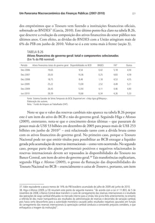 221Um Panorama Macroeconômico das Finanças Públicas (2007-2010)
dos empréstimos que o Tesouro vem fazendo a instituições financeiras oficiais,
sobretudo ao BNDES” (Garcia, 2010). Este último ponto fica claro na tabela B.26,
que descreve a evolução da composição dos ativos financeiros do setor público nos
últimos anos. Com efeito, as dívidas do BNDES com a União atingiram mais de
6% do PIB em junho de 2010. Voltar-se-á a este tema mais à frente (seção 3).
TABELA B.26
Ativos financeiros do governo geral: total e componentes selecionados
(Em % do PIB nominal)
Período Ativos financeiros totais do governo geral Disponibilidades no BCB BNDES FAT1
Outros
Dez./2006 19,63 9,54 0,42 5,18 4,50
Dez./2007 20,03 10,36 0,25 4,83 4,59
Dez./2008 18,75 8,49 1,18 4,53 4,55
Jun./2009 25,22 13,00 2,52 4,49 5,21
Dez./2009 26,43 12,93 4,11 4,46 4,93
Jun./2010 26,59 10,66 6,34 4,26 5,33
Fonte: Sistema Gerador de Séries Temporais do BCB. Disponível em: http://goo.gl/9Nopny.
Elaboração dos autores.
Nota: 1
Fundo de Amparo ao Trabalhador (FAT).
Note-se que o valor das reservas cambiais não aparece na tabela B.26 porque
este é um item do ativo do BCB e não do governo geral. Seguindo Higa e Afonso
(2009), entretanto, nota-se que o crescimento destas últimas – que passaram de
pouco mais de US$ 53 bilhões em dezembro de 2005 para pouco mais de US$ 253
bilhões em junho de 201037
– está relacionado tanto com a dívida bruta como
com os ativos financeiros do governo geral. No primeiro caso, porque o Tesouro
Nacional pode ter que emitir títulos para possibilitar ao BCB enxugar a liquidez
gerada pela acumulação de reservas internacionais – como vem ocorrendo. No segundo
caso, porque parte dos ajustes patrimoniais positivos e negativos relacionados às
reservas internacionais devem ser repassados às disponibilidades do Tesouro no
Banco Central, um item do ativo do governo geral.38
Tais transferências explicariam,
segundo Higa e Afonso (2009), o grosso da flutuação das disponibilidades do
Tesouro Nacional no BCB – essencialmente o caixa doTesouro e, portanto, um item
37.Valor equivalente a pouco menos de 14% do PIB brasileiro acumulado de julho de 2009 até junho de 2010.
38. Higa e Afonso (2009, p.14) resumem este ponto da seguinte maneira: “de acordo com a Lei no
11.803, de 5 de
novembro de 2008, o Banco Central deve transferir o custo de carregamento das reservas internacionais e o resultado
das operações de swap cambial efetuadas no mercado interno para a União. Isto já era feito anteriormente, no entanto
a referida lei deu maior transparência aos resultados da administração de reservas e decorridos de variação cambial,
pois havia certo desconforto para a autoridade monetária causado pelos resultados negativos apurados em função
do carregamento das reservas internacionais (a apreciação cambial conduzia a constantes prejuízos contábeis, o que
enfraquecia a imagem da instituição)”.
 