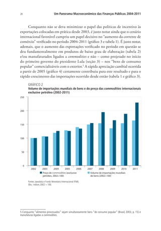 28 Um Panorama Macroeconômico das Finanças Públicas 2004-2011
Conquanto não se deva minimizar o papel das políticas de incentivo às
exportações colocadas em prática desde 2003, é justo notar ainda que o cenário
internacional favorável cumpriu um papel decisivo no “aumento da corrente de
comércio” verificado no período 2004-2011 (gráfico 3 e tabela 1). É justo notar,
ademais, que o aumento das exportações verificado no período em questão se
deu fundamentalmente em produtos de baixo grau de elaboração (tabela 2)
e/ou manufaturados ligados a commodities e não – como projetado no início
do primeiro governo do presidente Lula (seção 3) – nos “bens de consumo
popular” comercializáveis com o exterior.5
A rápida apreciação cambial ocorrida
a partir de 2005 (gráfico 4) certamente contribuiu para este resultado e para o
rápido crescimento das importações ocorrido desde então (tabela 1 e gráfico 3).
GRÁFICO 2
Volume de importações mundiais de bens e do preço das commodities internacionais
exclusive petróleo (2002-2011)
0
50
100
150
200
250
2002 2003 2004 2005 2006 2007 2008 2009 2010 2011
Volume de importações mundiais
de bens (2002=100)
Preço de commodities (exclusive
petróleo, 2002=100)
Fontes: Ipeadata e Fundo Monetário Internacional (FMI).
Obs.: índices 2002 = 100.
5 Conquanto “alimentos processados” sejam simultaneamente bens “de consumo popular” (Brasil, 2003, p. 15) e
manufaturas ligadas a commodities.
 