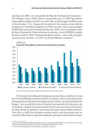34 Um Panorama Macroeconômico das Finanças Públicas 2004-2011
econômica em 2006, com o lançamento do Plano de Aceleração do Crescimento –
PAC (Barbosa e Souza, 2010). Note-se, em particular, que: i) a FBCF das adminis-
trações públicas atingiu, em 2010, seu maior valor em porcentagem do PIB em mais
de duas décadas;10
ii) as “despesas de investimento” das empresas estatais federais
(notadamente a Petrobras) atingiram, em 2010, seu maior valor em porcentagem
do PIB desde o processo de privatização dos anos 1990; e iii) os desembolsos totais
do Banco Nacional de Desenvolvimento Econômico e Social (BNDES) também
bateram recorde em 2010. O desempenho destas variáveis – como, aliás, da própria
economia como um todo – em 2011, não foi tão brilhante, entretanto.11
GRÁFICO 6
O peso do setor público na taxa de investimento da economia
0,00
0,50
1,00
1,50
2,00
2,50
3,00
3,50
4,00
4,50
5,00
2002 2003 2004 2005 2006 2007 2008 2009 2010 2011
Desembolsos do BNDESFBCF das adm. públicas Investimento estatais federais
Fontes: Ministério do Planejamento, BNDES e Coordenação de Finanças Públicas do Ipea.
O crescimento da utilização de poupanças externas (hoje, anualmente, na casa
dos 2,5% do PIB) pela economia brasileira nos últimos anos é o principal sinal de
preocupação de um horizonte de médio prazo que ainda se anuncia essencialmente
benigno – por conta da farta oferta de liquidez internacional e dos altos preços das
commodities, a despeito do desaquecimento do ritmo de crescimento da economia
mundial, devido aos problemas econômicos dos países desenvolvidos ocidentais.
Com efeito, o deficit em transações correntes atual é mais preocupante que seu
tamanho (influenciado em grande medida pela apreciação cambial) deixa transpa-
10. O ano de 1990 (marcado pelas dificuldades extremas associadas ao Plano Collor) é o único, desde 1976, em que
a FBCF das administrações públicas foi maior em porcentagem do PIB que em 2010.
11. Este tema será discutido com mais detalhes no capítulo 7 deste livro.
 