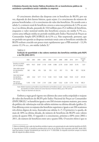 73
A Dinâmica Recente dos Gastos Públicos Brasileiros (II): as transferências públicas de
assistência e previdência social e subsídios às empresas
O crescimento absoluto das despesas com os benefícios do RGPS, por sua
vez, depende de dois fatores básicos, quais sejam: i) o crescimento do número de
pessoas beneficiadas; e ii) o crescimento do valor dos benefícios. De acordo com a
tabela 3, o número total de benefícios cresceu a uma taxa próxima de 3,3% ao ano
(a.a.) na última década, passando de 18,8 milhões para 25,2 milhões de benefícios,
enquanto o valor nominal médio dos benefícios cresceu em média 9,7% a.a.,
contra uma inflação média no período medida pelo Índice Nacional de Preços ao
Consumidor Amplo (IPCA/IBGE) de 6,5% a.a. Não surpreende, portanto, que
no período em questão as despesas nominais totais com os benefícios emitidos do
RGPS tenham crescido um pouco mais rapidamente que o PIB nominal – 13,3%
contra 12,1% a.a., em média (tabela 3).5
TABELA 3
Evolução da quantidade e dos valores nominais dos benefícios emitidos pelo RGPS
e do PIB (2002-2011)
2002 2003 2004 2005 2006 2007 2008 2009 2010 2011
Variação
(%)
Benefícios do RGPS
(em mil unidades)
18.873 19.521 20.507 21.150 21.645 22.066 22.776 23.534 24.427 25.176 33,4
Valor médio mensal
de cada benefício
(em R$1
)
363 436 476 526 578 612 657 715 780 837 130,58
Valor total mensal
dos benefícios
(em R$ bilhões1
)
6,85 8,52 9,77 11,12 12,50 13,51 14,96 16,82 19,05 21,07 207,59
PIB nominal
(em R$ bilhões)
1.478 1.700 1.941 2.147 2.369 2.661 3.032 3.239 3.770 4.143 180,31
Fonte: Boletim Estatístico da Previdência Social (Ministério da Previdência Social) – vários números, para quantidades e valores
dos benefícios do RGPS; Sistema de Contas Nacionais Trimestrais (IBGE), para o PIB nominal.
Nota: 1
Posição de dezembro de cada ano.
Embora a regra geral vigente nos últimos dez anos tenha estipulado o reajuste
do valor dos benefícios do RGPS pelo Índice Nacional de Preços ao Consumidor
(INPC/IBGE),6
os benefícios iguais a um SM tiveram reajustes maiores, por conta
da política de valorização real do salário mínimo na última década (gráfico 2).
Esta diferença entre os reajustes dos benefícios superiores e iguais a um SM ocasionou
três efeitos dignos de nota, ilustrados nas tabelas 4 e 5. O primeiro é a queda, de
mais de 40% na última década, do número de benefícios do RGPS com valores
acima de quatro SMs. O segundo é o crescimento, próximo a 60% entre 2002 e
2011, do número de benefícios entre um e quatro SMs. O terceiro efeito é que os
5.Note-se,entretanto,que o valor dos benefícios emitidos é apenas uma aproximação do valor total dos benefícios do RGPS.
6. Segundo Baars (2010), os benefícios previdenciários acima de um SM têm sido reajustados pelo INPC desde 2002,
regra que passou a vigorar formalmente por meio da Lei no
11.430/2006. Os reajustes ocorreram sempre na mesma
data do reajuste do salário mínimo.
 