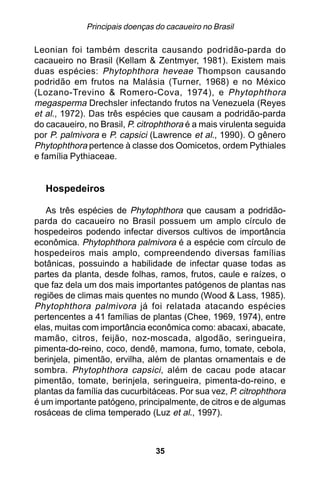 Principais doenças do cacaueiro no Brasil

Leonian foi também descrita causando podridão-parda do
cacaueiro no Brasil (Kellam & Zentmyer, 1981). Existem mais
duas espécies: Phytophthora heveae Thompson causando
podridão em frutos na Malásia (Turner, 1968) e no México
(Lozano-Trevino & Romero-Cova, 1974), e Phytophthora
megasperma Drechsler infectando frutos na Venezuela (Reyes
et al., 1972). Das três espécies que causam a podridão-parda
do cacaueiro, no Brasil, P. citrophthora é a mais virulenta seguida
por P. palmivora e P. capsici (Lawrence et al., 1990). O gênero
Phytophthora pertence à classe dos Oomicetos, ordem Pythiales
e família Pythiaceae.


   Hospedeiros

   As três espécies de Phytophthora que causam a podridão-
parda do cacaueiro no Brasil possuem um amplo círculo de
hospedeiros podendo infectar diversos cultivos de importância
econômica. Phytophthora palmivora é a espécie com círculo de
hospedeiros mais amplo, compreendendo diversas famílias
botânicas, possuindo a habilidade de infectar quase todas as
partes da planta, desde folhas, ramos, frutos, caule e raízes, o
que faz dela um dos mais importantes patógenos de plantas nas
regiões de climas mais quentes no mundo (Wood & Lass, 1985).
Phytophthora palmivora já foi relatada atacando espécies
pertencentes a 41 famílias de plantas (Chee, 1969, 1974), entre
elas, muitas com importância econômica como: abacaxi, abacate,
mamão, citros, feijão, noz-moscada, algodão, seringueira,
pimenta-do-reino, coco, dendê, mamona, fumo, tomate, cebola,
berinjela, pimentão, ervilha, além de plantas ornamentais e de
sombra. Phytophthora capsici , além de cacau pode atacar
pimentão, tomate, berinjela, seringueira, pimenta-do-reino, e
plantas da família das cucurbitáceas. Por sua vez, P. citrophthora
é um importante patógeno, principalmente, de citros e de algumas
rosáceas de clima temperado (Luz et al., 1997).



                                35
 