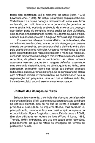 Principais doenças do cacaueiro no Brasil

tendo sido constatada, até o momento, no Brasil (Ram, 1979;
Lawrence et al., 1991). Na Bahia, juntamente com a murcha-de-
Verticillium e as outras doenças radiculares do cacaueiro, ficou
conhecida, por muito tempo, com a denominação genérica de
morte súbita. Não obstante a etiologia da maioria das doenças
que faziam parte do complexo morte súbita ter sido elucidada,
esta doença ainda permanece sem ter seu agente causal definido,
embora sua associação com o fungo M. terrestris seja freqüente.
       Os sintomas reflexos ou secundários, na parte aérea, são
semelhantes aos descritos para as demais doenças que causam
a morte de cacaueiros, só sendo possível a distinção entre elas
pelo exame do sistema radicular. A necrose normalmente se inicia
pelas extremidades das raízes laterais com a morte das radicelas,
evoluindo rapidamente até atingir a raiz pivotante e causar a morte,
repentina, da planta. As extremidades das raízes laterais
apresentam-se necrosadas sem margens definidas, assumindo
uma coloração castanha, tanto no córtex, quanto no lenho, sem
apresentar, entretanto, como nos casos das demais doenças
radiculares, quaisquer sinais do fungo. Ao se constatar uma planta
com sintomas iniciais, invariavelmente, as possibilidades de sua
regeneração são pequenas, uma vez que o sistema radicular,
incluindo o coleto, encontra-se totalmente necrosado.


   Controle das doenças de raízes

   Embora, teoricamente, o controle das doenças de raízes não
seja uma tarefa tão difícil, existem poucas perspectivas com base
no controle químico, não só no que se refere à eficácia dos
produtos e praticidade de implementação, mas também e,
principalmente, quando se leva em consideração o aspecto da
economicidade. Alguns fungicidas, como sulfato de cobre e PCNB,
têm sido utilizados em outros cultivos (Wood & Lass, 1985,
Thorold, 1975), entretanto, seu uso em cacau sofre restrições,
principalmente, no que se refere às limitações em termos de
praticidade de uso.


                                 77
 
