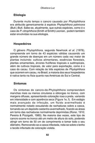 Oliveira e Luz

  Etiologia

   Durante muito tempo o cancro causado por Phytophthora
era atribuído genericamente à espécie Phytophthora palmivora
(Butl.) Butl. Sabe-se, atualmente, que outras espécies, como é o
caso de P. citrophthora (Smith et Smith) Leonian, podem também
estar envolvidas na sua etiologia.


  Hospedeiros

   O gênero Phytophthora, segundo Newhook et al. (1978),
compreende em torno de 43 espécies válidas causando um
grande número de doenças em um número cada vez maior de
plantas incluindo: cultivos alimentares, essências florestais,
plantas ornamentais, árvores frutíferas tropicais e subtropicais,
além de cultivos tropicais, de valor para exportação, como é o
caso do cacau. Com relação às três espécies de Phytophthora
que ocorrem em cacau, no Brasil, a maioria dos seus hospedeiros
é nativa tanto na Ásia quanto nas Américas do Sul e Central.


  Sintomas

   Os sintomas do cancro-de-Phytophthora compreendem
manchas mais ou menos circulares a oblongas no tronco, com
margens difusas, apresentando coloração roxa a preta, variando
em intensidade e com aparência seca (Figura 1e, f). Em estágio
mais avançado da infecção, um fluido avermelhado é
normalmente notado exsudando de rachaduras sobre a casca,
tornando-se um depósito castanho-avermelhado, ficando as áreas
em torno das rachaduras normalmente deprimidas (Rorer, 1910;
Pereira & Pizzigatti, 1980). Na maioria das vezes, este tipo de
cancro ocorre no tronco até um metro de altura do solo, podendo
atingir em torno de 50 cm de comprimento e tomar todo o seu
diâmetro. Removendo-se a casca infectada, nota-se sobre o lenho
o tecido infectado de coloração violeta.

                               82
 