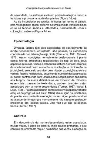 Principais doenças do cacaueiro no Brasil

da severidade, os sintomas evoluem podendo atingir o tronco e
as raízes e provocar a morte das plantas (Figura 1d, e).
   Ao se inspecionar os tecidos lenhosos de ramos e galhos,
pela raspagem da casca, observa-se uma zona de transição nítida
entre os tecidos sadios e infectados, normalmente, com a
coloração castanha (Figura 1d, e).


   Epidemiologia

   Diversos fatores têm sido associados ao aparecimento da
morte-descendente, entretanto, são poucas as evidências
concretas de que tal relação seja direta (Ram et al., 1971; Thorold,
1975). Assim, condições normalmente desfavoráveis à planta
como: fatores ambientais relacionados ao tipo de solo, seus
aspectos químicos, físicos e estruturais; déficits hídricos; carência
de sombreamento com aumento na insolação, e diminuição na
proteção do solo, e do seu nível de umidade; exposição ao sol e a
ventos; fatores nutricionais, envolvendo nutrição desbalanceada
ou pobre, contribuindo para uma maior susceptibilidade das planta
aos fungos, ou ainda deficiências ou excesso de minerais
essenciais, causando toxicidade, podem também estar
associados com a morte-descendente (Turner, 1967; Wood &
Lass, 1985). Fatores adicionais compreendem: resposta varietal;
ataques de pragas (Liu & Liew, 1975); diminuição na resistência
da planta, concomitante à redução no seu vigor, predispondo-a
ao ataque de fungos que normalmente não causam quaisquer
problemas em tecidos sadios, uma vez que são patógenos
fracos (Turner, 1967).


   Controle

  Em decorrência da morte-descendente estar associada,
muitas vezes, à ação de duas ou mais causas primárias, o seu
controle naturalmente requer, na maioria das vezes, a adoção de


                                 93
 