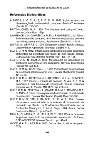 Principais doenças do cacaueiro no Brasil

Referências Bibliográficas
ALMEIDA, L. C. C.; LUZ, E. D. M. N. 1986. Ação do vento na
      disseminação do mal-rosado do cacaueiro. Revista Theobroma
      (Brasil) 16: 133-140.
BRITON-JONES, H. R. 1934. The diseases and curing of cacao.
      London, Macmillan. 161p.
LAWRENCE, J. S.; CAMPÊLO, A. M. F. L.; FIGUEIREDO, J. M. 1991a.
      Enfermidades do cacaueiro. II – Doenças fúngicas que ocorrem
      nas folhas, ramos e tronco. Agrotrópica (Brasil) 3 (1): 1-14.
LIU, P. S. W.; LIEW, P. S. C. 1975. Diseases of cacao in Sabah, Malasya,
      Department of Agriculture. Technical Bulletin n0 1.
LUZ, E. D. M. N. 1982. Influência do sombreamento e das condições
      ambientais na amplitude das fases do mal rosado. Ilhéus,
      CEPLAC/CEPEC, Informe Técnico 1981. pp. 124-125.
LUZ, E. D. M. N.; RAM, A. 1980. Metodologia de inoculação de
      Corticium salmonicolor em cacaueiro. Revista Theobroma
      (Brasil) 10:123-134.
LUZ, E. D. M. N.; BEZERRA, J. L. 1982. Produção de basidiósporos
      de Corticium salmonicolor in vitro. Revista Theobroma (Brasil)
      12: 49-55.
LUZ, E. D. M. N.; BEZERRA, J. L.; RESENDE, M. L. V. ; OLIVEIRA,
      M. L. 1997. Cacau – controle de doenças. In Vale, F. X. R. &
      Zambolim, L. eds. Controle de Doenças de Plantas - Grandes
      Culturas Vol. II. Viçosa, MG, UFV. pp. 611-649.
LUZ, E. D. M. N.; BEZERRA, J. L.; CAMPÊLO, A. M. F.; MIRANDA, R. A.
      C. 1985a. A chuva como agente de disseminação do mal-rosado
      do cacaueiro. Revista Theobroma (Brasil) 15(4):159-166.
LUZ, E. D. M. N.; RAM, A.; SÁ, D. F.; LELLIS, W. T. 1985b. Fatores
      climáticos e sazonalidade na ocorrência do mal-rosado do
      cacaueiro na Bahia. In Conference Iternationale sur la
      Recherche Cacaoyere, 9. Lomé, Togo, 1984. Actes. Cocoa
      Producer’s Alliance. pp. 403-409.
RAM, A.; OLIVEIRA, D. P.; LELLIS, W. T. 1982. Eficácia de novos
      fungicidas no controle do mal-rosado do cacaueiro. In Ilhéus,
      CEPLAC/CEPEC. Informe Técnico. pp. 42-43.
WOOD, G. A. R.; LASS, R. A. 1985. Cocoa. 4 ed. London, Longman.
      620p.

                                  101
 