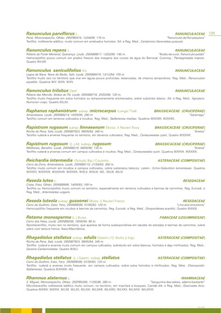 Ranunculus parviflorus L.                                                                                                RANUNCULACEAE               109
Peral, Moncarapacho, Olhão; 29SPB0410; 12/04/95; 170 m.                                              “Ranunculo-de-flor-pequena”
Terófito, indiferente edáfico, muito comum em arrelvados húmidos; Atl. e Reg. Med.; Cardamino-Geranietea purpurei.


Ranunculus repens L.                                                                                                     RANUNCULACEAE
Ribeira da Fonte Menaval, Querença, Loulé; 29SNB8817; 13/03/95; 140 m.                  “Botão-de-ouro, Ranúnculo-pataló”
Hemicriptófito pouco comum em prados frescos das margens dos cursos de água do Barrocal; Cosmop.; Plantaginetalia majoris;
Quadro III/LVIII.


Ranunculus saniculifolius Viv.                                                                                           RANUNCULACEAE
Lagoa da Nave, Nave do Barão, Salir, Loulé; 29SNB8419; 13/12/94; 155 m.
Terófito muito raro no território que vive em águas pouco profundas, estancadas, de charcos temporários; Reg. Med.; Ranunculion
aquatilis; Quadros III/V; III/VII; III/XV.


Ranunculus trilobus Desf.                                                                                                RANUNCULACEAE
Ribeira das Mercês, Aldeia da Tôr, Loulé; 29SNB8716; 25/03/96; 120 m.
Terófito muito frequente em solos húmidos ou temporariamente encharcados, sobre substrato básico; Atl. e Reg. Med.; Agropyro-
Rumicion crispi; Quadro III/LXV.


Raphanus raphanistrum                     subsp.   microcarpus (Lange) Thell.                           BRASSICACEAE (CRUCIFERAE)
Amendoeira, Loulé; 29SNB9214; 10/05/95; 280 m.                                                                                      “Saramago”
Terófito comum em terrenos cultivados e incultos; Reg. Med.; Stellarienea mediae; Quadros III/XXXIII; III/XXXIX.


Rapistrum rugosum subsp. linnaeanum (Boiss. & Reuter) Rouy                                               BRASSICACEAE (CRUCIFERAE)
Rocha da Pena, Salir, Loulé; 29SNB7923; 08/05/94; 340 m.                                                                       “Aneixa”
Terófito ruderal e arvense frequente no território, em terrenos cultivados; Reg. Med.; Centaureetalia cyani; Quadro III/XXXIX.


Rapistrum rugosum                  (L.) All. subsp.   rugosum                                            BRASSICACEAE (CRUCIFERAE)
Melhanes, Benafim, Loulé; 29SNB8216; 08/05/96; 130 m.                                                                        “Aneixa”
Terófito ruderal e arvense comum em campos cultivados e incultos. Reg. Med.; Centaureetalia cyani. Quadros III/XXVII; III/XXXIX.


Reichardia intermedia                  (Schultz Bip.) Coutinho                                             ASTERACEAE (COMPOSITAE)
Cerro da Zorra, Amendoeira, Loulé; 29SNB9115; 21/04/93; 260 m.
Terófito muito comum em incultos e campos cultivados, sobre substratos básicos; Latem.; Echio-Galactition tomentosae; Quadros
III/XXXV; III/XXXVII; III/XXXVIII; III/XXXIX; III/XLV; III/XLVI; III/L; III/LIII; III/LIV.


Reseda lutea L.                                                                                                                 RESEDACEAE
Costa, Estoi, Olhão; 29SNB9906; 14/05/93; 160 m.
Terófito ou Hemicriptófito muito comum no território, especialmente em terrenos cultivados e bermas de caminhos; Reg. Eurosib. e
Reg. Med.; Artemisietea vulgaris.


Reseda luteola subsp. gussonei (Boiss. & Reuter) Franco                                                                         RESEDACEAE
Cerro do Guilhim; Estoi; Faro; 29SNB9506; 01/05/93; 120 m.                                                  “Lírio-dos-tintureiros”
Hemicriptófito frequente em incultos e bermas de caminhos; Reg. Eurosib. e Reg. Med.; Onopordenea acanthii; Quadro III/XXXI.


Retama monosperma (L.) Boiss.                                                                                FABACEAE (LEGUMINOSAE)
Cerro dos Fatos, Loulé; 29SNB8209; 18/05/94; 80 m.
Nanofanerófito, muito raro no território, que aparece de forma subespontânea em taludes de estradas e bermas de caminhos, sobre
solos com textura franca; Ibero-Mauritânica.


Rhagadiolus stellatus subsp. edulis (Gaertn.) O. Bolòs & Vigo                                              ASTERACEAE (COMPOSITAE)
Rocha da Pena, Salir, Loulé; 29SNB7923; 08/05/94; 340 m.
Terófito ruderal e arvense muito comum em campos cultivados, sobretudo em solos básicos, húmidos e algo nitrificados; Reg. Med.;
Geranio-Cardaminetalia; Quadro III/XLI.


Rhagadiolus stellatus                 (L.) Gaertn. subsp. stellatus                                        ASTERACEAE (COMPOSITAE)
Cerro do Guilhim, Estoi, Faro; 29SNB9506; 01/05/93; 120 m.
Terófito ruderal e arvense muito frequente em campos cultivados, sobre solos húmidos e nitrificados; Reg. Med.; Chenopodio-
Stellarienea; Quadros III/XXXIX; III/L.


Rhamnus alaternus L.                                                                                                          RHAMNACEAE
S. Miguel, Moncarapacho, Olhão; 29SPB0306; 11/05/96; 380 m.                                                 “Sanguinho-das-sebes; aderno-bastardo”
Microfanerófito indiferente edáfico muito comum, no território, em machiais e bosques; Cantáb.-Atl. e Reg. Med.; Quercetea ilicis;
Quadros III/XXIV; III/XXVI; III/LXII; III/LXX; III/LXXI; III/LXXIII; III/LXXIV; III/LXXV; III/LXXVI; III/LXXVII.




                                                                                                                                           A FLORA
 