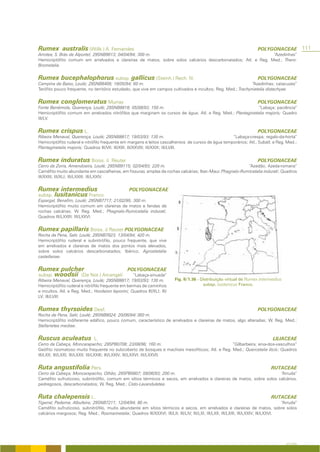 Rumex australis (Willk.) A. Fernandes                                                                                     POLYGONACEAE             111
Arrotea, S. Brás de Alportel; 29SNB9613; 04/04/94; 300 m.                                                    “Azedinhas”
Hemicriptófito comum em arrelvados e clareiras de matos, sobre solos calcários descarbonatados; Atl. e Reg. Med.; Thero-
Brometalia.


Rumex bucephalophorus subsp. gallicus (Steinh.) Rech. fil.                                                                POLYGONACEAE
Campina de Baixo, Loulé; 29SNB8409; 18/05/94; 60 m.                                                           “Azedinhas; catacuzes”
Terófito pouco frequente, no território estudado, que vive em campos cultivados e incultos; Reg. Med.; Trachynietalia distachyae.


Rumex conglomeratus Murray                                                                                                POLYGONACEAE
Fonte Benémola, Querença, Loulé; 29SNB8818; 05/08/93; 150 m.                                                “Labaça; paciência”
Hemicriptófito comum em arrelvados nitrófilos que marginam os cursos de água; Atl. e Reg. Med.; Plantaginetalia majoris; Quadro
III/LV.


Rumex crispus L.                                                                                                          POLYGONACEAE
Ribeira Menaval, Querença, Loulé; 29SNB8817; 19/03/93; 130 m.                                       “Labaça-crespa; regalo-da-horta”
Hemicriptófito ruderal e nitrófilo frequente em margens e leitos cascalhentos de cursos de água temporários; Atl., Subatl. e Reg. Med.;
Plantaginetalia majoris; Quadros III/VII; III/XIII; III/XXVIII; III/XXIX; III/LVIII.


Rumex induratus Boiss. &                Reuter                                                                            POLYGONACEAE
Cerro da Zorra, Amendoeira, Loulé; 29SNB9115; 02/04/93; 220 m.                                            “Azedão; Azeda-romana”
Caméfito muito abundante em cascalheiras, em fissuras amplas de rochas calcárias; Iber.-Maur. Phagnalo-Rumicetalia indurati; Quadros
III/XXIII; III/XLI; III/LXXIII; III/LXXIV.


Rumex intermedius                                 POLYGONACEAE
subsp. lusitanicus Franco
Espargal, Benafim, Loulé; 29SNB7717; 21/02/95; 300 m.
Hemicriptófito muito comum em clareiras de matos e fendas de
rochas calcárias; W. Reg. Med.; Phagnalo-Rumicetalia indurati;
Quadros III/LXXIII; III/LXXVI.


Rumex papillaris Boiss. & Reuter POLYGONACEAE
Rocha da Pena, Salir, Loulé; 29SNB7923; 13/04/94; 420 m.
Hemicriptófito ruderal e subnitrófilo, pouco frequente, que vive
em arrelvados e clareiras de matos dos pontos mais elevados,
sobre solos calcários descarbonatados; Ibérico; Agrostietalia
castellanae.


Rumex pulcher                                    POLYGONACEAE
subsp. woodsii (De Not.) Arcangeli                 “Labaça-sinuada”
Ribeira Menaval, Querença, Loulé; 29SNB8817; 19/03/93; 130 m.               Fig. II/1.36 - Distribuição virtual de Rumex intermedius
Hemicriptófito ruderal e nitrófilo frequente em bermas de caminhos                          subsp. lusitanicus Franco.
e incultos. Atl. e Reg. Med.; Hordeion leporini; Quadros III/XLI; III/
LV; III/LVIII.


Rumex thyrsoides Desf.                                                                                                    POLYGONACEAE
Rocha de Pena, Salir, Loulé; 29SNB8024; 20/06/94/ 360 m.
Hemicriptófito indiferente edáfico, pouco comum, característico de arrelvados e clareiras de matos, algo alteradas; W. Reg. Med.;
Stellarietea mediae.


Ruscus aculeatus               L.                                                                                                 LILIACEAE
Cerro da Cabeça, Moncarapacho; 29SPB0708; 23/08/96; 160 m.                                      “Gilbarbeira; erva-dos-vasculhos”
Geófito rizomatoso muito frequente no subcoberto de bosques e machiais mesofíticos; Atl. e Reg. Med.; Quercetalia ilicis; Quadros
III/LXX; III/LXXI; III/LXXII; III/LXXIII; III/LXXIV; III/LXXVI; III/LXXVII.


Ruta angustifolia Pers.                                                                                                          RUTACEAE
Cerro da Cabeça, Moncarapacho, Olhão; 29SPB0807; 09/06/93; 200 m.                                                      “Arruda”
Caméfito sufruticoso, subnitrófilo, comum em sítios térmicos e secos, em arrelvados e clareiras de matos, sobre solos calcários,
pedregosos, descarbonatados; W. Reg. Med.; Cisto-Lavanduletea.


Ruta chalepensis L.                                                                                                              RUTACEAE
Tigarral, Paderne, Albufeira; 29SNB7211; 12/04/94; 80 m.                                                                                “Arruda”
Caméfito sufruticoso, subnitrófilo, muito abundante em sítios térmicos e secos, em arrelvados e clareiras de matos, sobre solos
calcários margosos; Reg. Med.; Rosmarinetalia; Quadros III/XXXVI; III/LII; III/LIV; III/LXI; III/LXII; III/LXIII; III/LXXIV; III/LXXVI.




                                                                                                                                         A FLORA
 