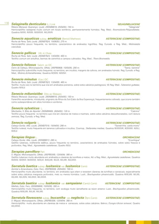 116 Selaginella denticulata (L.) Link                                                                                  SELAGINELLACEAE
     Ribeira Menaval, Querença; Loulé; 29SNB8818; 25/04/93; 150 m.                                              “Selaginela”
     Hemicriptófito rastejante muito comum em locais sombrios, permanentemente húmidos; Reg. Med.; Anomodonto-Polypodietalia;
     Quadros III/XXI; III/XXII; III/XXXVII; III/LXXVII.


     Senecio aquaticus subsp. erraticus (Bertol) Mathews                                                   ASTERACEAE (COMPOSITAE)
     Rocha da Pena, Salir, Loulé; 29SNB7824; 10/06/93; 270 m.
     Hemicriptófito pouco frequente, no território, característico de arrelvados higrófilos; Reg. Eurosib. e Reg. Med.; Molinietalia
     caeruleae.


     Senecio gallicus             Vill. in Chaix.                                                          ASTERACEAE (COMPOSITAE)
     Rocha da Pena, Salir, Loulé; 26SNB7923; 13/04/95; 400 m.
     Terófito comum em entulhos, bermas de caminhos e campos cultivados; Reg. Med.; Thero-Brometalia.


     Senecio foliosus            Salzm. ex DC.                                                             ASTERACEAE (COMPOSITAE)
     Cerro da Cabeça, Moncarapacho, Olhão; 29SPB0808; 10/05/95; 200 m.                                                     “Tasna; tasneira”
     Hemicriptófito subnitrófilo muito frequente, no território, em incultos, margens de cultivos, em arrelvados húmido; Reg. Eurosib. e Reg.
     Med.; Molinio-Arrhenatheretea; Quadros III/XXIV; III/XXVI.


     Senecio minutus             (Cav.) DC.                                                                ASTERACEAE (COMPOSITAE)
     Rocha da Pena, Salir, Loulé; 26SNB7923; 13/04/95; 460 m.
     Terófito muito raro no território que vive em arrelvados pioneiros, sobre solos calcários pedregosos; W. Reg. Med.; Tuberarion guttatae;
     Quadro III/XLV.


     Senecio mikanioides                   Otto ex Walpers                                                 ASTERACEAE (COMPOSITAE)
     Ribeira Menaval, Querença; Loulé; 29SNB8818; 25/04/93; 150 m.
     Fanerófito escandente, introduzido, originário da África do Sul (Cabo da Boa Esperança), frequentemente cultivado, que ocorre também
     como subespontâneo em sítios húmidos e sombrios.


     Senecio sylvaticus               L.                                                                   ASTERACEAE (COMPOSITAE)
     Machados, S. Brás de Alportel; 29SNB9909; 26/04/93; 130 m.                                                                 “Calcimo”
     Terófito pouco frequente no território que vive em clareiras de matos e machiais, sobre solos calcários descarbonatados, com textura
     arenosa; Reg. Eurosib. e Reg. Med.


     Senecio vulgaris            L.                                                                        ASTERACEAE (COMPOSITAE)
     Cabeça Gorda; Alte; Loulé; 29SNB7516; 15/04/93; 280 m.                                                     “Tasneirinha; cardo-morto”
     Terófito ruderal, muito frequente em terrenos cultivados e incultos; Cosmop.; Stellarietea mediae; Quadros III/XXXVIII; III/XXXIX; III/XLI;
     III/XLV.


     Serapias lingua L.                                                                                                      ORCHIDACEAE
     Cabeça Gorda; Alte; Loulé; 29SNB8813; 280 m.                                                                         “Erva-lingua”
     Geófito tuberoso, indiferente edáfico, pouco frequente no território, característico de arrelvados húmidos, sobre solos frescos e
     profundos; Reg. Med.; Agrostietalia castellanae; Quadro III/LV.


     Serapias parviflora Parl.                                                                                               ORCHIDACEAE
     S. Miguel, Moncarapacho, Olhão; 29SPB0306; 12/04/94; 380 m.
     Geófito tuberoso muito abundante em arrelvados e clareiras de tomilhais e matos; Atl. e Reg. Med.; Agrostietalia castellanae; Quadros
     III/XXIV; III/XXVI; III/XXXVII; III/XLVI; III/XLVIII; III/LIII; III/LXIII; III/LXXVI.


     Serratula baetica subsp. lusitanica var. lusitanica Cantó                                             ASTERACEAE (COMPOSITAE)
     Azinhal e Amendoeira, Estoi, Faro; 29SPB0008; 26/04/93; 160 m.
     Hemicriptófito muito abundante, no território, em arrelvados que orlam e revestem clareiras de tomilhais e carrascais, especialmente
     sobre solos calcários margosos profundos, mais ou menos húmidos; Lusit.; Brachypodion phoenicoidis; Quadros III/XLVIII; III/LXII;
     III/LXIII; III/LXXIV; III/LXXVI; III/LXXVII.


     Serratula baetica           subsp. lusitanica var.        sampaiana (Cantó) Cantó                    ASTERACEAE (COMPOSITAE)
     Malhão, Estoi, Faro; 29SNB9808; 10/05/95; 300 m.
     Hemicriptófito muito frequente, no território, com ecologia muito semelhante ao taxon anterior. Lusit.; Brachypodion phoenicoidis;
     Quadros III/XLVIII; III/LXII; III/LXIII.


     Serratula flavescens subsp. leucantha                      var. neglecta (Iljin) Cantó                ASTERACEAE (COMPOSITAE)
     S. Miguel, Moncarapacho, Olhão; 29SPB0306; 12/04/94; 380 m.
     Hemicriptófito muito abundante em clareiras de matos e carrascais, sobre solos calcários. Ibérico; Eryngio-Ulicion erinacei; Quadro
     III/LXXVII.




     A FLORA
 