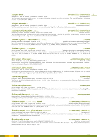 Sinapis alba            L.                                                                                          BRASSICACEAE (CRUCIFERAE)                        119
Machados, S. Brás de Alportel; 29SNB9811; 01/04/93; 160 m.                                                    “Mostarda-branca”
Terófito ruderal, arvense e nitrófilo comum em campos cultivados, sobretudo em solos removidos; Reg. Med. e Reg. Iran.; Stellarietea
mediae; Quadros III/XXXIV; III/XXXIX.


Sinapis arvensis                L.                                                                                  BRASSICACEAE (CRUCIFERAE)
Machados, S. Brás de Alportel; 29SNB9811; 01/04/93; 160m.                                                    “Mostarda- dos-campos”
Terófito ruderal, arvense muito abundante em terrenos cultivados; Reg. Med. e Reg. Iran.; Stellarietea mediae.


Sisymbrium officinale                      (L.) Scop.                                                               BRASSICACEAE (CRUCIFERAE)
Ribeira de Quarteira, Paderne, Albufeira; 29SNB7210; 27/08/94; 20 m.                                           “Rinchão; erisimo”
Terófito ruderal, arvense, viário e nitrófilo muito frequente em escombreiras e bermas de caminhos em ambientes sombrios ou sub-
húmidos; Reg. Eurosib. e Reg. Med.; Sisymbrietalia officinalis; Quadro III/XXXII.


Smilax aspera var. altissima Moris & De Not.                                                                                                       LILIACEAE
Patroves, Albufeira; 29SNB6404; 05/08/96; 50 m.                                                       “Legacão; alegra-campo; salsaparilha-bastarda”
Fanerófito escandente muito abundante, no território, em bosques termófilos e mesofíticos, mais ou menos fechados; Reg. Med.;
Quercetalia ilicis; Quadros III/XL; III/LXVII; III/LXVIII; III/LXIX; III/LXX; III/LXXI; III/LXXII; III/LXXIII; III/LXXIV; III/LXXVII.


Smilax aspera L. var. aspera                                                                                                                       LILIACEAE
Rocha da Pena, Salir, Loulé; 29SNB7824; 26/08/96; 300 m.                                                  “Legacão; alegra-campo; salsaparilha-bastarda”
Fanerófito escandente muito frequente em matos, machiais e bosques abertos termófilos; Reg. Med.; Quercetea ilicis; Quadros III/
XXIII; III/XL; III/XLII; III/XLVII; III/LXII; III/LXIII; III/LXIV; III/LXV; III/LXVI; III/LXVII; III/LXIX; III/LXX; III/LXXI; III/LXXIV; III/LXXV; III/LXXVI; III/
LXXVII.


Smyrnium olusatrum L.                                                                                                    APIACEAE (UMBELLIFERAE)
Rocha dos Soidos, Alte, Loulé; 29SNB7523; 26/12/94; 440 m.                                                     “Salsa-de-cavalo”
Hemicriptófito escionitrófilo, indiferente edáfico, muito abundante em sítios sombrios e húmidos, algo nitrificados; Latemed.;
Smyrnienion olusatri; Quadros III/XL; III/XLI; III/LXXIV.


Smyrnium perfoliatum L.                                                                                                  APIACEAE (UMBELLIFERAE)
Machados, S. Brás de Alportel; 29SNB9811; 01/04/93; 160 m.
Hemicriptófito calcícola, escionitrófilo, pouco frequente no território, característico de sítios sombrios e húmidos, mais ou menos
nitrificados, sobre solos margosos; Latemed.; Galio-Alliarion petiolatae; Quadro III/XLII.


Solanum nigrum L.                                                                                                                            SOLANACEAE
Cerro da Cabeça, Moncarapacho, Olhão; 29SPB0807; 02/01/95; 200 m.                                                  “Erva-moura”
Terófito ou caméfito herbáceo ruderal, arvense e nitrófilo muito abundante em terrenos cultivados; Cosmop. Stellarietea mediae;
Quadro III/XXXII.


Solanum sodomeum L.                                                                                                                          SOLANACEAE
Rocha da Pena, Salir, Loulé; 29SNB8023; 11/05/94; 360 m.
Nanofanerófito ruderal e nitrófilo, naturalizado, oriundo da África do Sul, muito comum em bermas de caminhos e entulhos; (Reg. Med.;
Onopordion castellanae).


Solenopsis laurentia (L.) C. Presl.                                                                                                   CAMPANULACEAE
Lagoa da Nave, Nave do Barão, Salir, Loulé; 29SNB8419; 12/05/94;150 m.
Terófito pouco frequente no território que vive em sítios temporariamente encharcados; Latemed.; Isoetion.


Sonchus asper                 (L.) Hill. subsp.     asper                                                              ASTERACEAE (COMPOSITAE)
Rocha da Pena, Salir, Loulé; 29SNB7824; 26/08/96; 300 m.                                          “ Serralha-aspera; Serralha-espinhosa”
Terófito ruderal, arvense e nitrófilo, muito frequente em campos cultivados; Lateeurosib; Stellarietea mediae; Quadros III/XXIV; III/XXVI;
III/XXXVII; III/XXXVIII; III/XXXIX; III/XLI; III/LII; III/LIII; III/LV; III/LVI.


Sonchus asper subsp. glaucescens (Jordan) Ball.                                                                        ASTERACEAE (COMPOSITAE)
Rocha dos Soidos, Alte, Loulé; 29SNB7523; 26/12/94; 440 m.                                                         “Serralha-preta”
Proto-Hemicriptófito ruderal, arvense e nitrófilo, indiferente edáfico, muito frequente em bermas de caminhos e campos cultivados.
Lateeurosib.; Stellarietea mediae; Quadro III/XLI.


Sonchus oleraceus                    L.                                                                                ASTERACEAE (COMPOSITAE)
Ribeira da Fonte Menaval, Querença, Loulé; 29SNB8817; 08/03/93; 140 m.                                “Serralha; serralha-branca”
Terófito ou Proto-Hemicriptófito ruderal muito abundante em terrenos cultivados; Reg. Eurosib. e Reg. Med.; Stellarietea mediae;
Quadros III/XXVII; III/XXX; III/XXXI; III/XXXII; III/XLI.




                                                                                                                                                           A FLORA
 