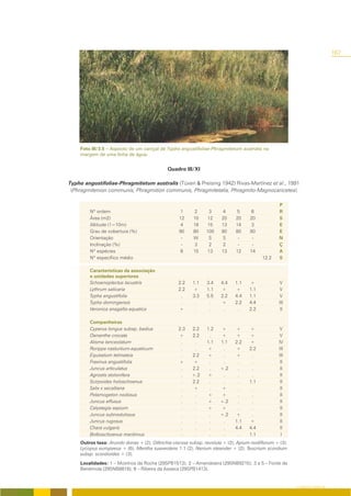 167




    Foto III/3.5 – Aspecto de um caniçal de Typho angustifoliae-Phragmitetum australis na
    margem de uma linha de água.


                                             Quadro III/XI

Typho angustifoliae-Phragmitetum australis (Tüxen & Preising 1942) Rivas-Martínez et al., 1991
 (Phragmitenion communis, Phragmition communis, Phragmitetalia, Phragmito-Magnocaricetea)

                                                                                                  P
        Nº ordem                                   1      2     3      4      5      6            R
        Área (m2)                                 12     10    12     20     20     20            S
        Altitude (1=10m)                           4     18    15     13     14      3            E
        Grau de cobertura (%)                     90     80    100    80     80     80            E
        Orientação                                 -     W      S     S       -      -            N
        Inclinação (%)                             -      3     2      2      -      -            Ç
        Nº espécies                                6     15    13     13     12     14            A
        Nº específico médio                                                               12.2    S

        Características da associação
        e unidades superiores
        Schoenoplectus lacustris                  2.2    1.1   3.4    4.4    1.1    +             V
        Lythrum salicaria                         2.2    +     1.1    +      +      1.1           V
        Typha angustifolia                         .     3.3   5.5    2.2    4.4    1.1           V
        Typha domingensis                          .      .     .     +      2.2    4.4           III
        Veronica anagallis-aquatica               +       .     .      .      .     2.2            II

        Companheiras
        Cyperus longus subsp. badius              2.3   2.2    1.2    +      +      +             V
        Oenanthe crocata                          +     2.2     .     +      +      +              V
        Alisma lanceolatum                         .     .     1.1    1.1    2.2    +             IV
        Rorippa nasturtium-aquaticum               .     .     +       .     +      2.2           III
        Equisetum telmateia                        .    2.2    +       .     +       .            III
        Fraxinus angustifolia                     +     +       .      .      .      .             II
        Juncus articulatus                         .    2.2     .     +.2     .      .             II
        Agrostis stolonifera                       .    +.2    +       .      .      .             II
        Scirpoides holoschoenus                    .    2.2     .      .      .     1.1            II
        Salix x secalliana                         .    +       .     +       .      .             II
        Potamogeton nodosus                        .     .     +      +       .      .             II
        Juncus effusus                             .     .     +      +.2     .      .             II
        Calystegia sepium                          .     .     +      +       .      .             II
        Juncus subnodulosus                        .     .      .     +.2    +       .             II
        Juncus rugosus                             .     .      .      .     1.1    +              II
        Chara vulgaris                             .     .      .      .     4.4    4.4            II
        Bolboschoenus maritimus                    .     .      .      .      .     1.1             I
    Outros taxa: Arundo donax + (2); Dittrichia viscosa subsp. revoluta + (2); Apium nodiflorum + (3);
    Lycopus europaeus + (6); Mentha suaveolens 1.1 (2); Nerium oleander + (2); Teucrium scordium
    subsp. scordioides + (3);
    Localidades: 1 – Moinhos da Rocha (29SPB1513); 2 – Amendoeira (29SNB9215); 3 a 5 – Fonte da
    Benémola (29SNB8818); 6 – Ribeira da Asseca (29SPB1413).


                                                                                                         O COBERTO VEGETAL
 