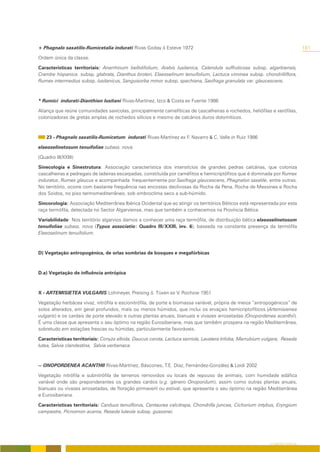 + Phagnalo saxatilis-Rumicetalia indurati Rivas Goday & Esteve 1972                                                             181
Ordem única da classe.

Características territoriais: Anarrhinum bellidifolium, Arabis lusitanica, Calendula suffruticosa subsp. algarbiensis,
Crambe hispanica. subsp. glabrata, Dianthus broteri, Elaeoselinum tenuifolium, Lactuca viminea subsp. chondrilliflora,
Rumex intermedius subsp. lusitanicus, Sanguisorba minor subsp. spachiana, Saxifraga granulata var. glaucescens.



* Rumici indurati-Dianthion lusitani Rivas-Martínez, Izco & Costa ex Fuente 1986

Aliança que reúne comunidades saxícolas, principalmente camefíticas de cascalheiras e rochedos, heliófilas e xerófilas,
colonizadoras de gretas amplas de rochedos silícios e mesmo de calcários duros dolomíticos.



    23 - Phagnalo saxatilis-Rumicetum indurati Rivas-Martínez ex F. Navarro & C. Valle in Ruiz 1986

elaeoselinetosum tenuifoliae subass. nova.

(Quadro III/XXIII)

Sinecologia e Sinestrutura: Associação característica dos interstícios de grandes pedras calcárias, que coloniza
cascalheiras e pedregais de ladeiras escarpadas, constituída por caméfitos e hemicriptófitos que é dominada por Rumex
induratus, Rumex glaucus e acompanhada frequentemente por Saxifraga glaucescens, Phagnalon saxatile, entre outras.
No território, ocorre com bastante frequência nas encostas declivosas da Rocha da Pena, Rocha de Messines e Rocha
dos Soidos, no piso termomediterrâneo, sob ombroclima seco a sub-húmido.

Sincorologia: Associação Mediterrânea Ibérica Ocidental que ao atingir os territórios Béticos está representada por esta
raça termófila, detectada no Sector Algarviense, mas que também a conhecemos na Província Bética.

Variabilidade: Nos território algarvios damos a conhecer uma raça termófila, de distribuição bética elaeoselinetosum
tenuifoliae subass. nova (Typus associatio: Quadro III/XXIII, inv. 6), baseada na constante presença da termófila
Elaeoselinum tenuifolium.



D) Vegetação antropogénica, de orlas sombrias de bosques e megafórbicas



D.a) Vegetação de influência antrópica



X - ARTEMISIETEA VULGARIS Lohmeyer, Preising &. Tüxen ex V. Rochow 1951

Vegetação herbácea vivaz, nitrófila e escionitrófila, de porte e biomassa variável, própria de meios “antropogénicos” de
solos alterados, em geral profundos, mais ou menos húmidos, que inclui os ervaçais hemicriptofíticos (Artemisienea
vulgaris) e os cardais de porte elevado e outras plantas anuais, bianuais e vivazes arrosetadas (Onopordenea acanthii).
É uma classe que apresenta o seu óptimo na região Eurosiberiana, mas que também prospera na região Mediterrrânea,
sobretudo em estações frescas ou húmidas, particularmente favoráveis.

Características territoriais: Conyza albida, Daucus carota, Lactuca serriola, Lavatera triloba, Marrubium vulgare, Reseda
lutea, Salvia clandestina, Salvia verbenaca.



-- ONOPORDENEA ACANTHII Rivas-Martínez, Báscones, T.E. Díaz, Fernández-González & Loidi 2002

Vegetação nitrófila e subnitrófila de terrenos removidos ou locais de repouso de animais, com humidade edáfica
variável onde são preponderantes os grandes cardos (v.g. género Onopordum), assim como outras plantas anuais,
bianuais ou vivazes arrosetadas, de floração primaveril ou estival, que apresenta o seu óptimo na região Mediterrânea
e Eurosiberiana.

Características territoriais: Carduus tenuiflorus, Centaurea calcitrapa, Chondrilla juncea, Cichorium intybus, Eryngium
campestre, Picnomon acarna, Reseda luteola subsp. gussonei.




                                                                                                            O COBERTO VEGETAL
 