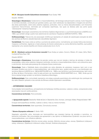 24 - Bourgaeo humilis-Galactitetum tomentosae Rivas Goday 1964                                                                 183
(Quadro III/XXIV)

Sinecologia e Sinestrutura: Cardal termo e mesomediterrâneo, de fenologia tardi-primaveril a estival, muito frequente
no território estudado, constituído por grandes cardos, que vivem sobretudo nas depressões e margens de caminhos
das áreas pastoreadas, sobre solos calcários argilosos, profundos, mais ou menos descarbonatados, com horizontes
superiores franco-limosos, dominado por compostas espinhosas, nas quais se destaca pelo seu porte quase
“arborescente” Scolymus hispanicus.

Sincorologia: Associação característica dos territórios Gaditano-Algarvienses e Luso-Extremadurenses (LADERO et al.
1982), que também atinge a parte mais setentrional do sub-Sector Hispalense (GARCIA-FUENTES, 1993).

Sinfitossociologia: Trata-se de uma associação nitrófila que representa um estado de substituição avançado da série
dos azinhais de Rhamno oleoidis-Querceto rotundifoliae Sigmetum.

Variabilidade: Nos locais onde se verifica o aumento de calcário activo, normalmente, por erosão hídrica dos terrenos
margosos confinantes, regista-se a maior presença de Cynara cardunculus ou outros elementos basófilos, que poderá
representar uma variante basófila com Cynara cardunculus (inv.3, 4 e 5).



   25 - Notobasio syriacae-Scolymetum maculati Rivas Goday ex Ladero, Socorro, Molero, M. López, Zafra, Marín,
Hurtado & Pérez-Raya 1981

(Quadro III/XXV)

Sinecologia e Sinestrutura: Associação de grandes cardos que vive em taludes e bermas de estradas e lindes de
propriedades, sobre solos calcários margosos, profundos, do termo e mesomediterrâneo inferior, sob ombroclima seco
a sub-húmido, dominada pela presença da composta Cynara cardunculus.

Sincorologia: Dada a fidelidade desta comunidade aos solos alterados de substratos margosos, bem com a sua
afinidade climática aos termo e mesomediterrâneo, sob ombroclima seco, poderá estimar-se a sua distribuição aos
territórios Béticos (LADERO et al.,1982 & BARTOLOMÉ et al., 1989) e aos territórios Luso-Extremadurenses, bem como
às Ilhas de Ibiza e Fermentera, onde foi pela primeira vez reconhecida (RIVAS-MARTÍNEZ et al., 1992). Ainda que de
forma residual atinge também os territórios Castelhano-Manchegos.

Sinfitossociologia: Esta comunidade representa uma etapa avançada parantrópica de substituição dos zambujais de
Aro italici-Oleetum sylvestris e dos azinhais de Rhmano olioidis-Quercetum rotundifoliae.


-- ARTEMISIENEA VULGARIS
Comunidades hemicriptofíticos, principalmente de herbáceas nitrófilas pioneiras, ruderais e viárias, comportando ainda
associações ricas em cardos perenes.
Características territoriais: Picris echioides.


+ Agropyretalia repentis Oberdorfer, Müller & Görs in Oberdorfer, Görs, Korneck, Lohmeyer, Müller, Philippi & Seibert 1967
Ervaçais hemicriptofíticos nitrófilas, ruderais e viários, mais ou menos húmidos.
Características territoriais: Aster squamatus, Convolvulus arvensis.


* Bromo-Oryzopsion miliaceae O. Bolòs 1970
Vegetação subnitrófila viária, dominada por hemicriptófitos que revestem bermas de estradas e caminhos, ou
barrancos nitrificados. São comunidades que apresentam o seu óptimo no Mediterrâneo Ocidental, nos pisos termo e
mesomediterrâneo, com influência atlântica.
Características territoriais: Dittrichia viscosa subsp. revoluta, Dittrichia viscosa subsp. viscosa, Piptatherum miliaceum
subsp. miliaceum, Piptatherum miliaceum subsp. thomasii, Scabiosa atropurpurea.




                                                                                                              O COBERTO VEGETAL
 