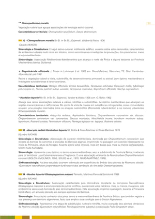 ** Chenopodienion muralis                                                                                                    193
Vegetação ruderal que agrupa associações de fenologia estivo-outonal.
Características territoriais: Chenopodion opulifolium, Datura stramonium.


    32 - Chenopodietum muralis Br.-Bl. in Br.-Bl., Gajewski, Wraber & Walas 1936
(Quadro III/XXXII)
Sinecologia e Sinestrutura: Ervaçal estivo-outonal, indiferente edáfico, assente sobre solos removidos, característico
de ambientes ruderais muito ricos em nitratos, como escombreiras e imediações de povoações, dos pisos termo, meso
e supramediterrâneo.
Sincorologia: Associação Mediterrâneo-Iberolevantina que alcança o norte de África e alguns sectores da Província
Mediterrânea Ibérica Ocidental.


+ Sisymbrietalia officinalis J. Tüxen in Lohmeyer & al. 1962 em. Rivas-Martínez, Báscones, T.E. Díaz, Fernández-
-González & Loidi 1991
Reúne a vegetação ruderal e viária, subnitrófila, de desenvolvimento primaveril ou estival, com óptimo mediterrâneo e
irradiações eurosiberianas e irano-turanianas.
Características territoriais: Borago officinalis, Crepis taraxacifolia, Cynosurus echinatus, Geranium molle, Medicago
polymorpha s.l., Rumex pulcher subsp. woodsii, Scorpiurus muricatus, Sisymbrium officinale, Stachys ocymastrum.


* Hordeion leporini Br.-Bl. in Br.-Bl., Gajewski, Wraber & Walas 1936 corr. O. Bolòs 1962
Aliança que reúne associações ruderais e viárias, nitrófilas a subnitrófilas, de óptimo mediterrâneo que alcançam as
regiões macaronésicas e californianas. Do ponto de vista da riqueza em substâncias nitrogenadas, estas comunidades
ocupam uma posição intermédia entre os ervaçais subnitrófilos (Brometalia rubenti-tectori) e os nocivos urbanícolas
(Chenopodietalia muralis).
Características territoriais: Anacyclus radiatus, Asphodelus fistulosus, Chrysanthemum coronarium var. discolor,
Chrysanthemum coronarium var. coronarium, Daucus muricatus, Hirschfeldia incana, Hordeum murinum subsp.
leporinum, Rostraria cristata, Pennisetum villosum, Plantago lagopus var. lagopus, Rostraria cristata.


    33 - Anacyclo radiati-Hordeetum leporini O. Bolòs & Rivas-Martínez in Rivas-Martínez 1978
(Quadro III/XXXIII)
Sinecologia e Sinestrutura: Associação de carácter nitrófilo-viária, dominada por Chrysanthemum coronarium que
reveste as bermas de caminhos e estradas do Barrocal algarvio, imprimindo na paisagem um colorido interessante no
inicio da Primavera, altura da floração. Assenta sobre solos limosos, ricos em bases que, mais ou menos compactados,
retêm muita humidade.
Sincorologia: Apresenta o seu óptimo no termo e mesomediterrâneo, seco a sub-húmido da Província Bética, irradiando
para os territórios Luso-Extremadurenses e Tingitanos. É uma associação vicariante da Resedo albae-Chrysanthemetum
coronarii (BOLÒS & MOLINIER, 1958; BOLÒS et al., 1970; RIVAS-MARTÍNEZ, 1978).
Sinfitossociologia: Na área estudada ocorrem sobretudo em superfícies do âmbito dos azinhais de Rhamono olioidis-
-Quercetum rotundifoliae juniperetosum turbinatae e dos zambujais de Aro italici-Oleetum sylvestris.


    34 - Hordeo leporini-Glossopappetum macroti Peinado, Martínez-Parras & Bartolomé 1986
(Quadro III/XXXIV)
Sinecologia e Sinestrutura: Associação caracterizada pela dominância constante da composta Íbero-Africana
Glossopappus macrotus e acompanhada de outros terófitos, que reveste solos calcários, mais ou menos, margosos, sob
ombroclima seco a sub-húmido do piso termomediterrâneo. Esta associação imprime à paisagem, durante a Primavera
(Abril-Maio), um amarelo doirado aos campos agrícolas do Barrocal.
Sincorologia: Associação conhecida dos pisos termo e mesomediterrâneos da Província Bética, que também regista a
sua presença em território algarviense, facto que amplia a sua corologia para o Sector Algarviense.
Sinfitossociologia: Representa uma etapa de substituição, ruderal e nitrófila, muito avançada dos azinhais climácicos
de Rhamno oleoidis-Quercetum rotundifoliae. Fenologicamente substitui a associação Fedio-Sinapetum albae.


                                                                                                         O COBERTO VEGETAL
 